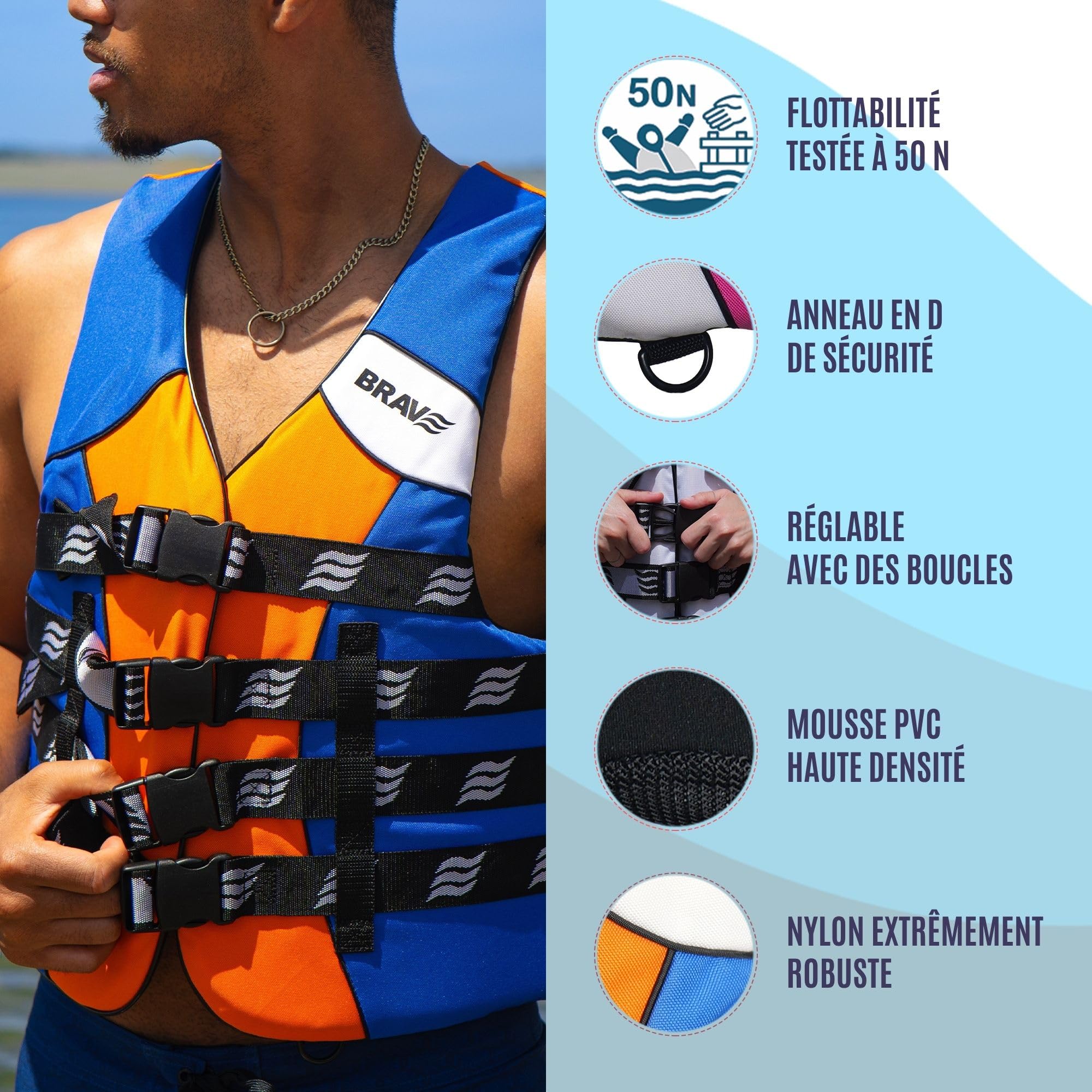 Gilet d'aide à la Flottabilité 50N Certifié pour Adulte – pour Kayak, Moto d’Eau et Sports Nautiques – Nylon + Mousse PVC – 4 Sangles Réglables