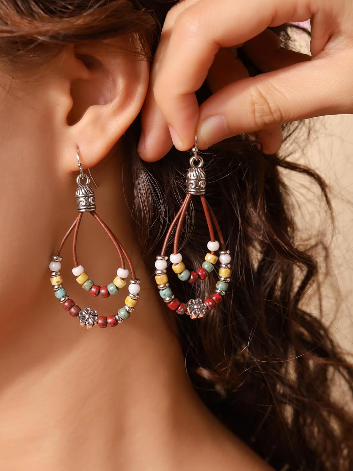 MINACHI Statement Boho Drop Earrings with Silver Floral Charm and Colorful Beads, Handmade Leather Loop Earrings for Women - Image 2