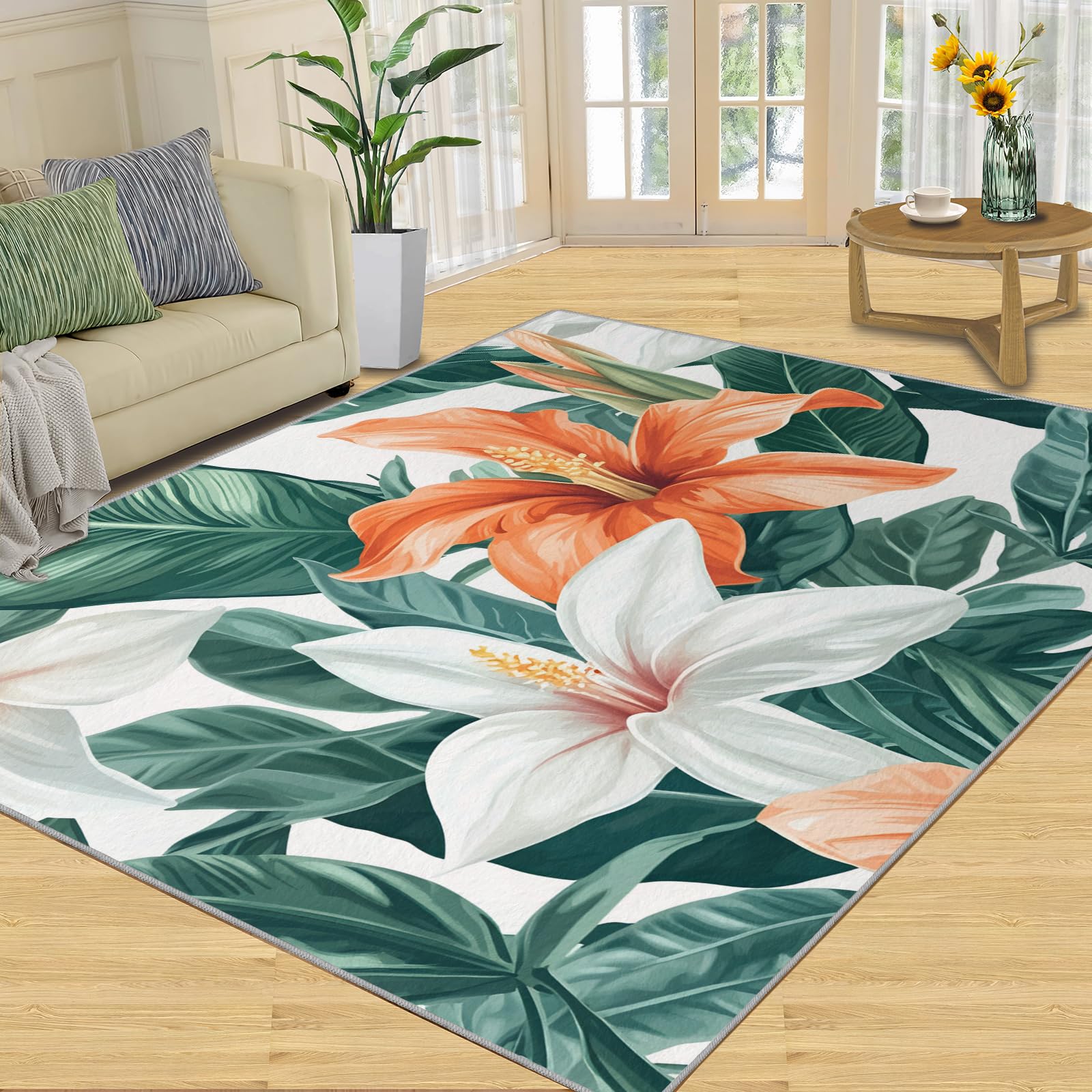 FBRUIEG Tropical Flowers Area Rug, Green Palm Leaves Kids Rugs, Non Slip Bedroom Rug for Sofa Under Living Room Home Decor Floor Mat 140x200cm