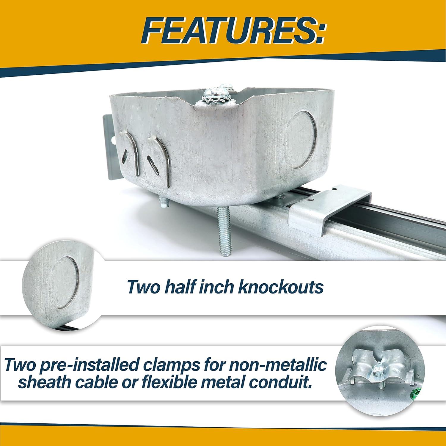 (4-Pack) Ceiling Fan Mounting Bracket with Adjustable Bar Hanger, 1-1/2'' Deep, 2 NMSC Clamps, 2 1/2'' Knockouts, Fits 16-24 Inch Joist Spaces, Ground Screw, Electrical Box for Light Fixtures