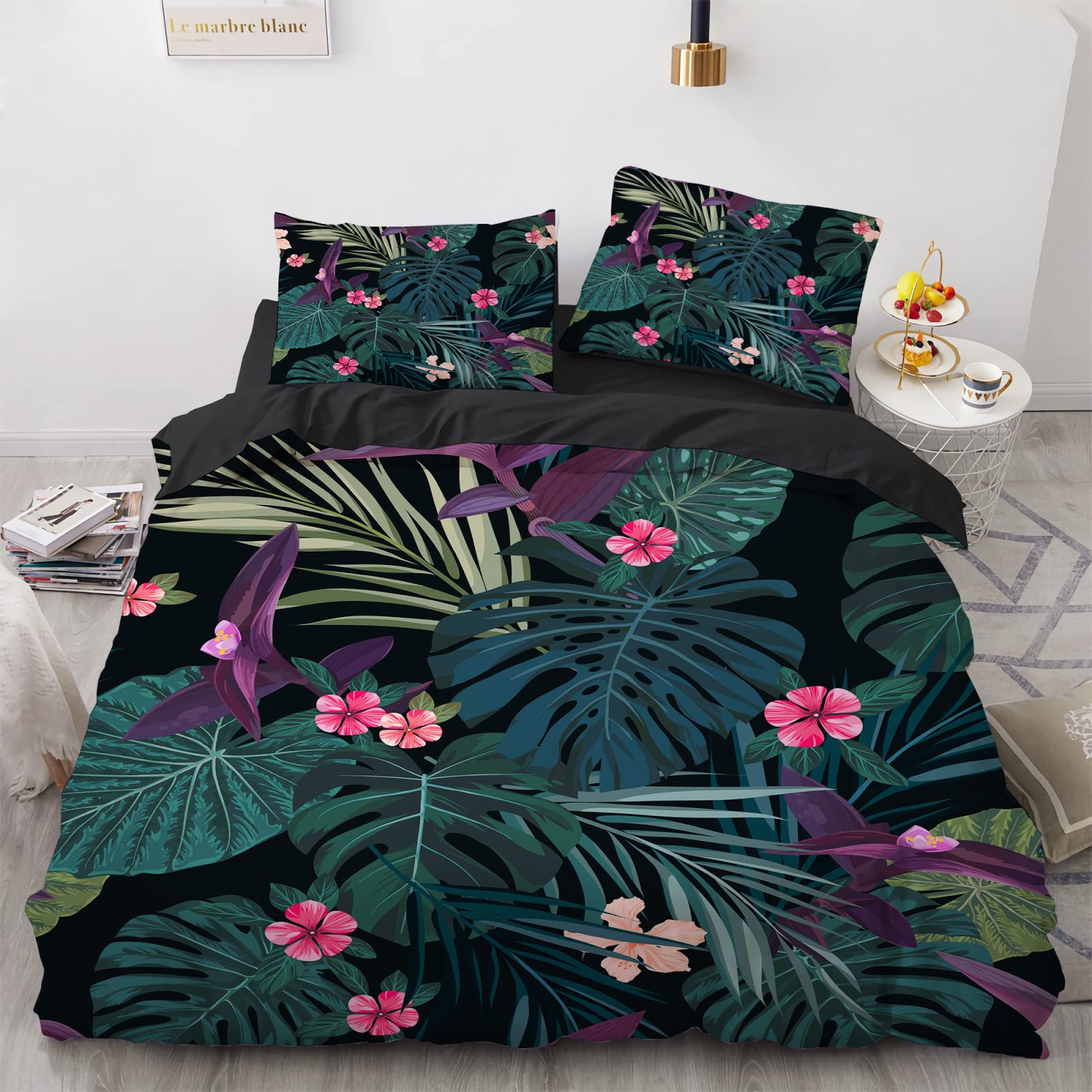 Parure De Lit 3 Pièces Jungle Avec Éléphants Et Palmiers - Housse De Couette 240x220 Cm + 2 Taies 65x65 Cm - Microfibre Douce Réversible