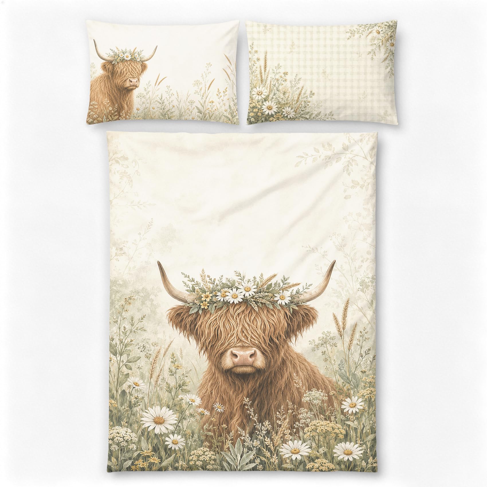 Highland Cow Double Duvet Cover Set, Ochre Stripe Reversible Farmhouse Bedding, 200 x 200 cm with 2 Pillowcases 50 x 75 cm, Soft Microfibre, Insert Not Included