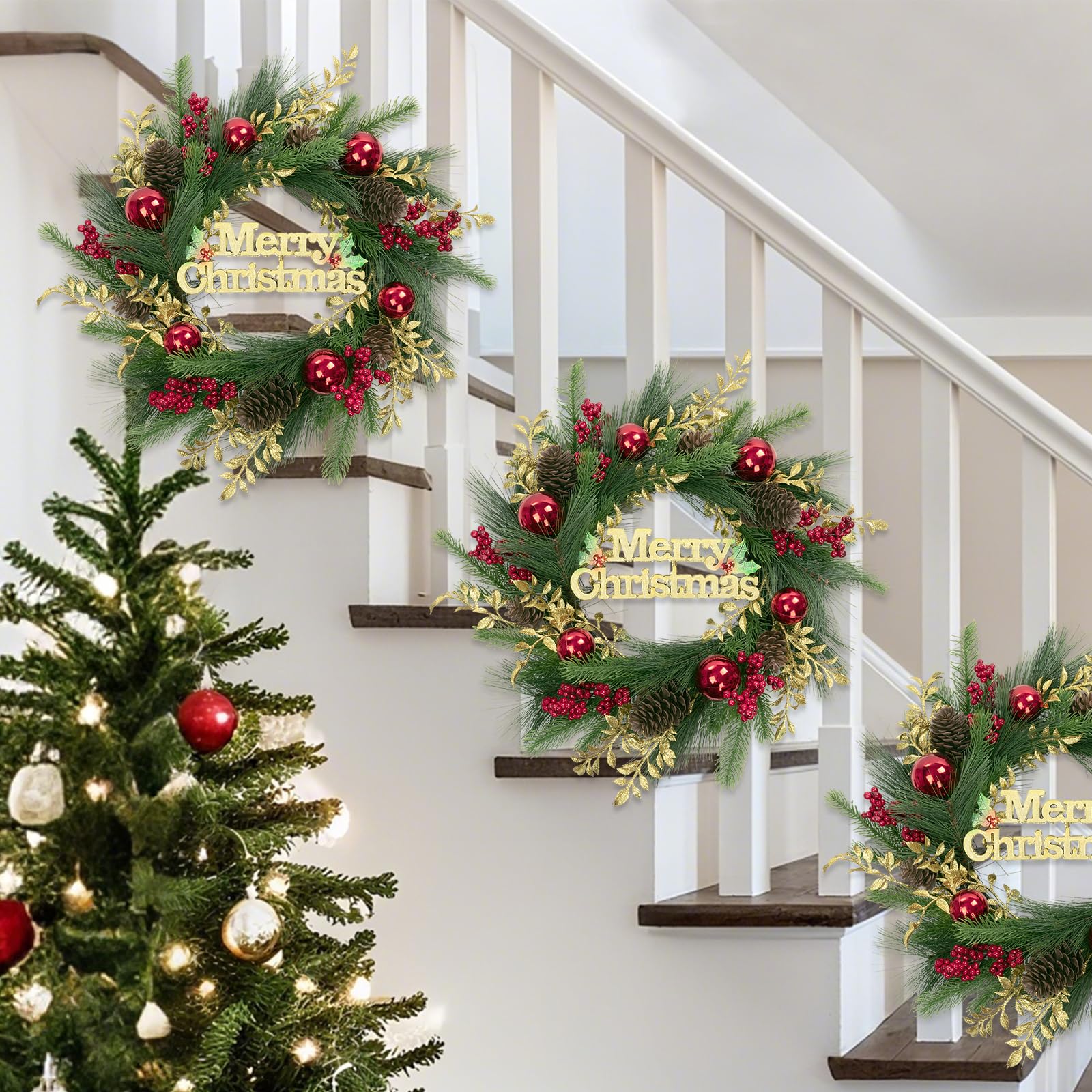 SHACOS Weihnachtskranz Türkranz Weihnachten Weihnachtstürkranz mit Kugeln Künstlich Winterkranz Dekokranz Weihnachten Kranz für Tür, Weihnachtsdeko, Kamin, Wand Küche, Haushalt & Wohnen