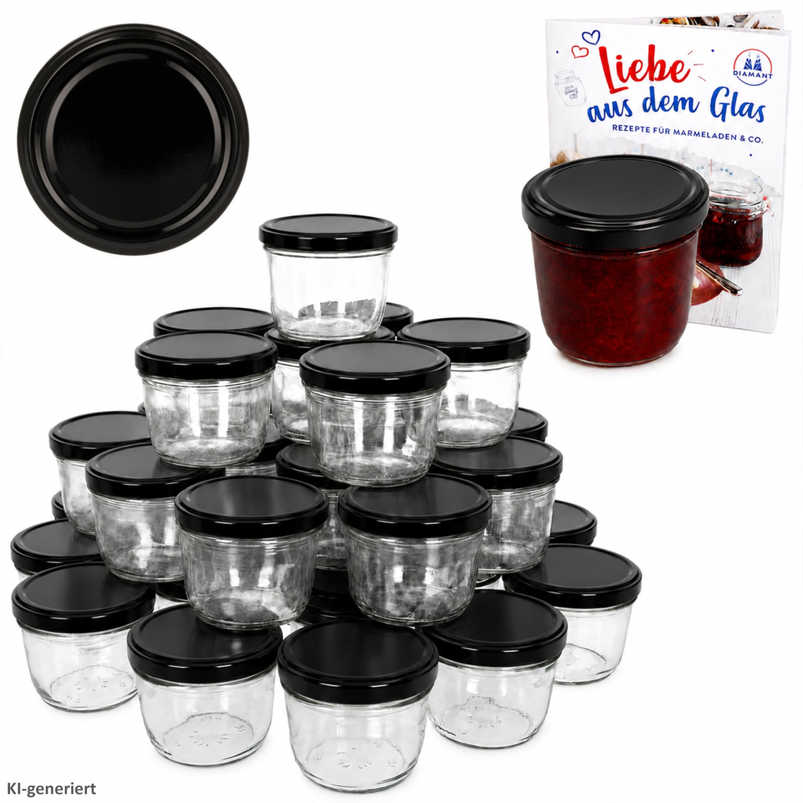 MamboCat 100er Set Sturzglas 230 ml Marmeladenglas Einmachglas Einweckglas To 82 schwarzer Deckel incl. Diamant-Zucker Gelierzauber Rezeptheft