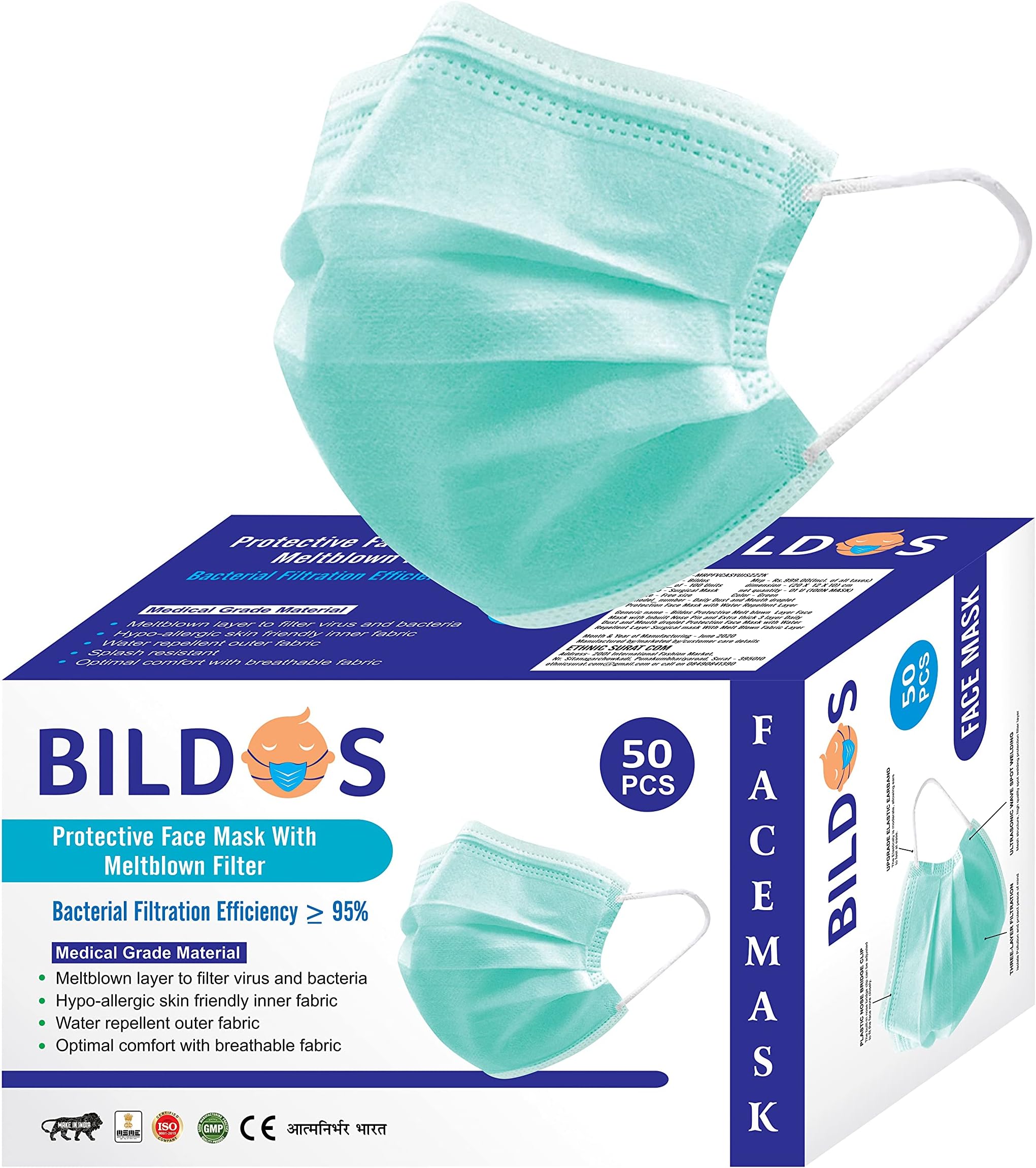 Bildos® Melt-Blown Fabric 3 Layer Disposable Surgical Face Mask with Nose Clip (Green, Without Valve, Pack of 50) for Unisex