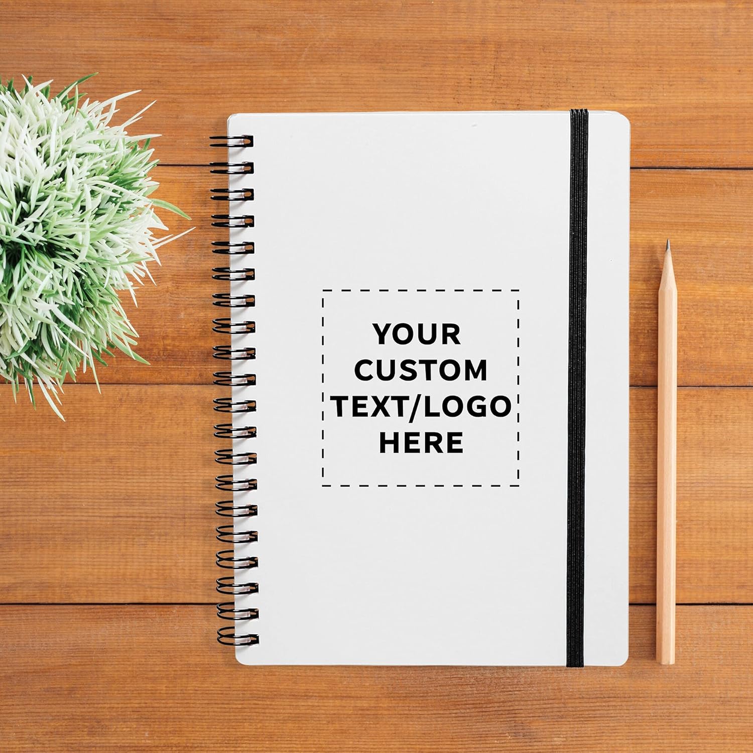 DISCOUNT PROMOS Custom White Spiral Notebooks with Elastic Band Pack Set of 10/50/100 Customizable Text Logo 80 Lined Pages Recycled - Black