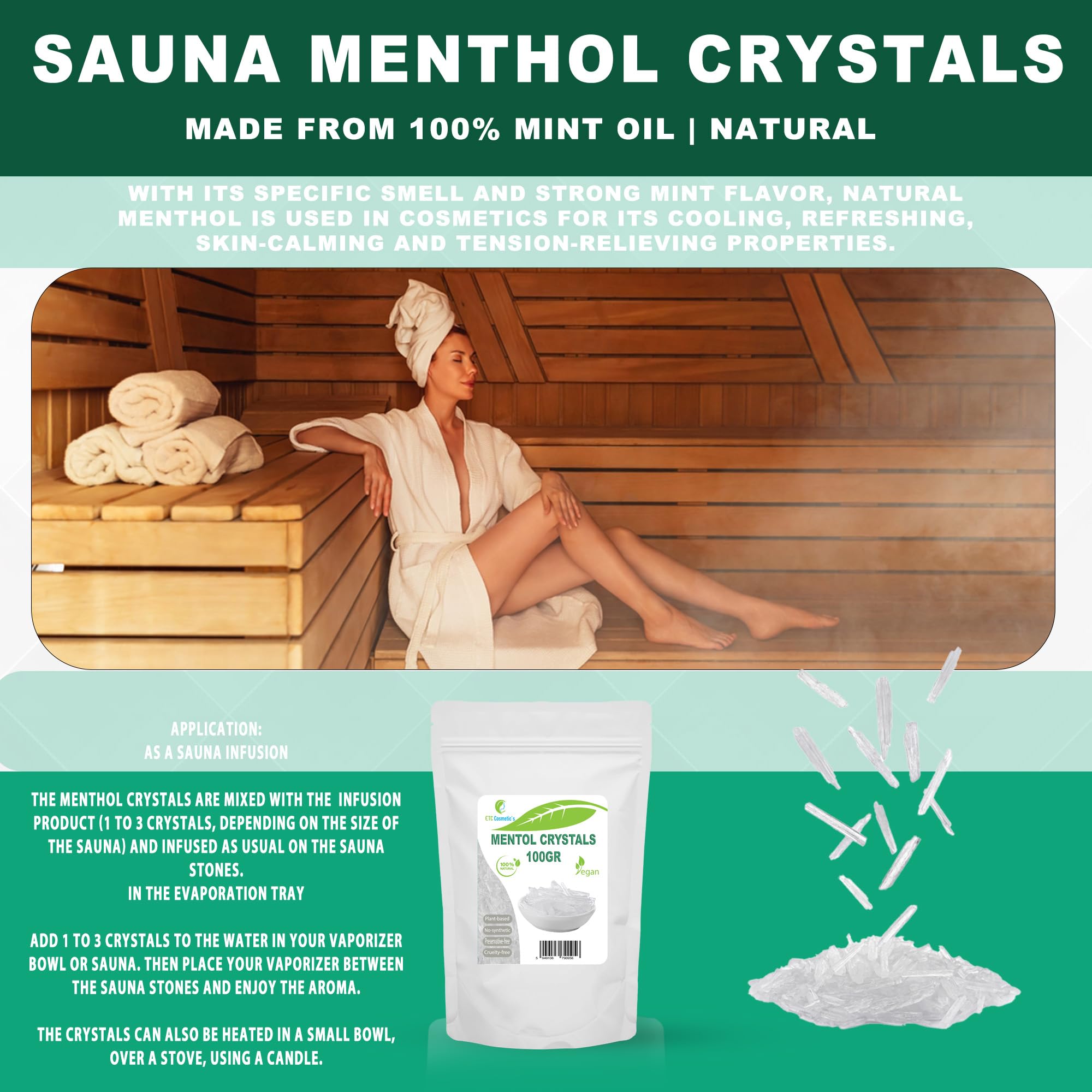 Cristales de Mentol - 100 gr - Efecto refrescante y refrescante, Utilizado como ingrediente en formulación cosmética, accesorios de sauna, infusión de sauna, aceite de menta 100% natural