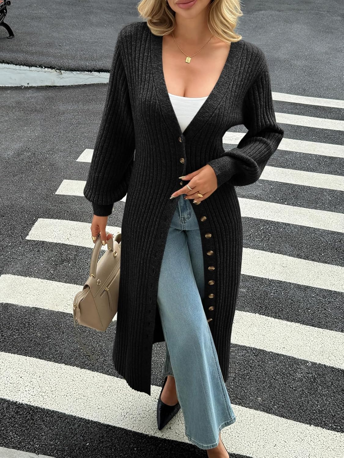 Saodimallsu Womens Long Cardigans V Neck Button Down Chunky Knit Dusters Sweater Coat Fall Trendy Maxi Sweater Dress - Image 3