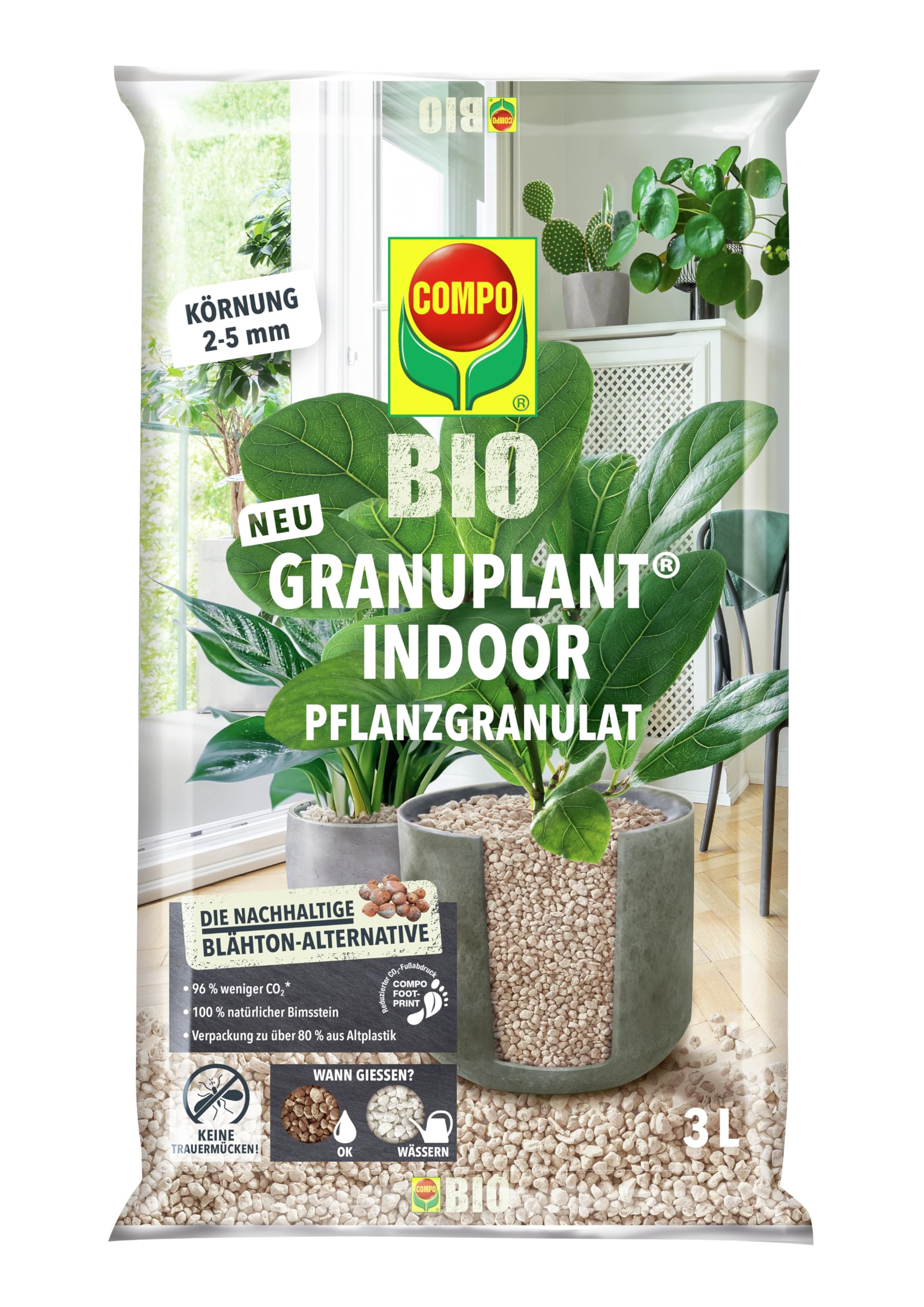 COMPO BIO GRANUPLANT Indoor Pflanzengranulat - 100% natürliches Pflanzengranulat aus Bimsstein - Körnung von 2-5 mm - 3 L