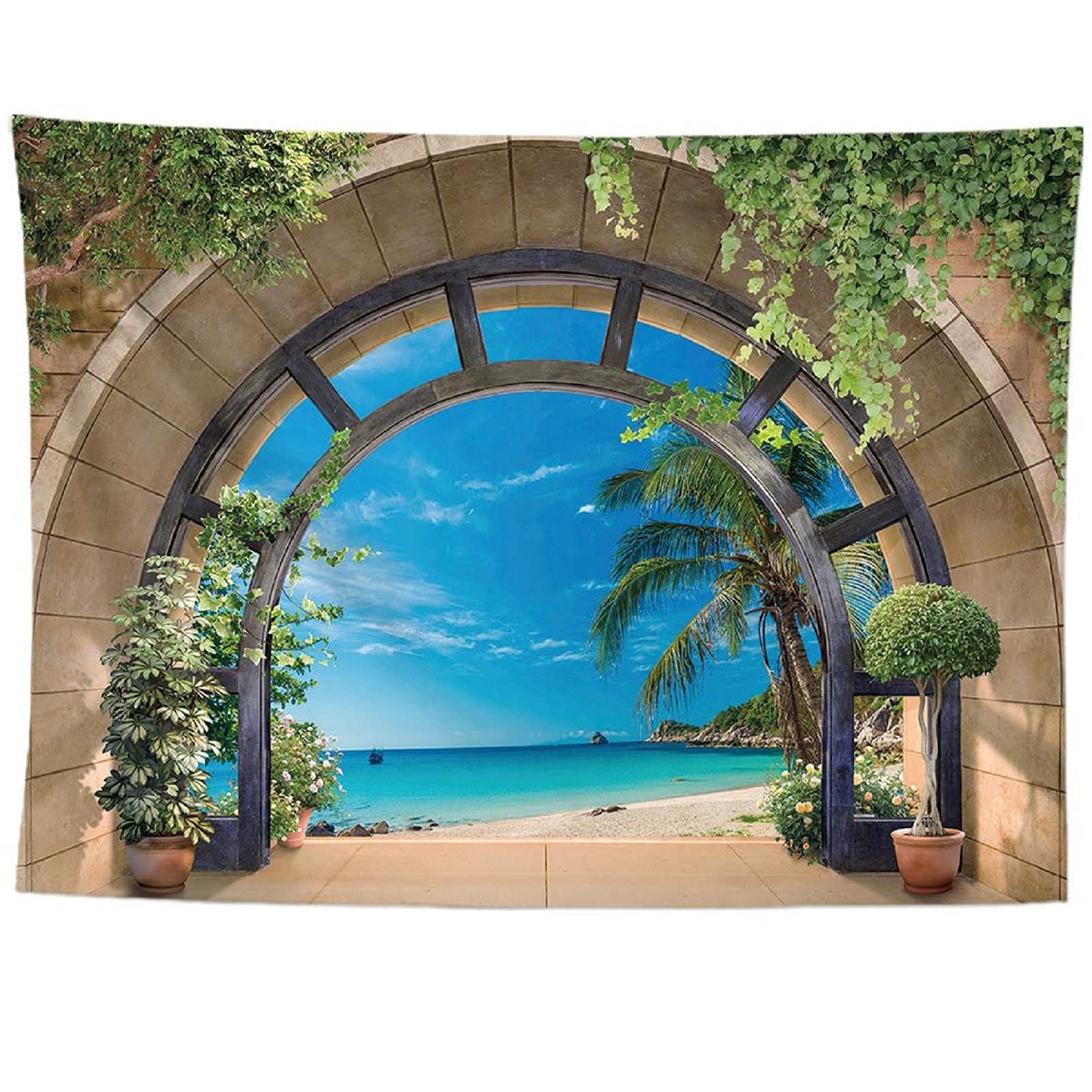izielad Window Sea Ocean Beach Wall Décor Tapestry Wall Hanging Home Decor for Home Office Bedroom 100X150CM 39.3X59IN
