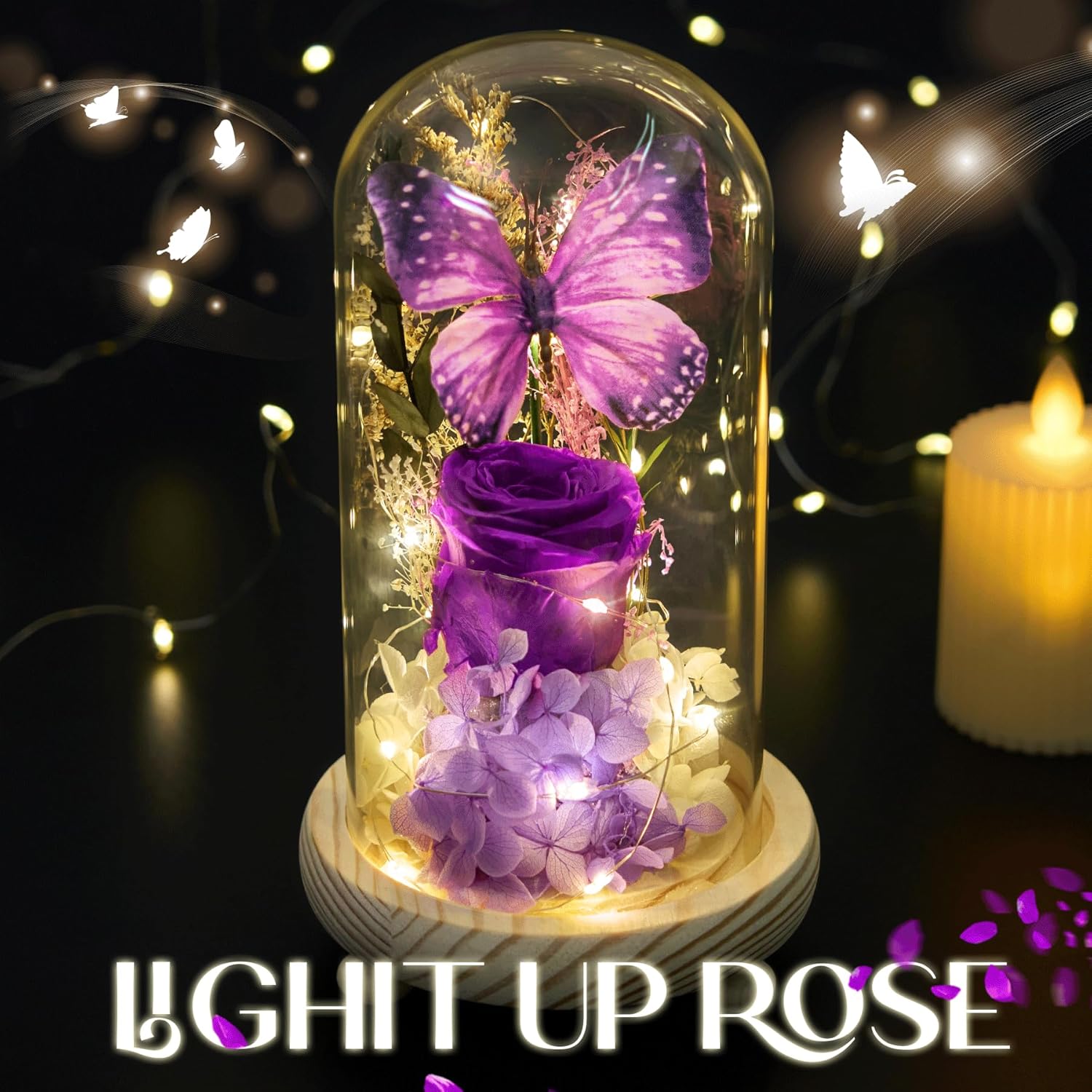 Forever Flowers Preserved Roses Prime Delivery, with Light in Glass Dome for Mom Grandma Wife Girlfriend, Purple Flower for Mother's Day, Valentine's Day, Anniversary, Birthday