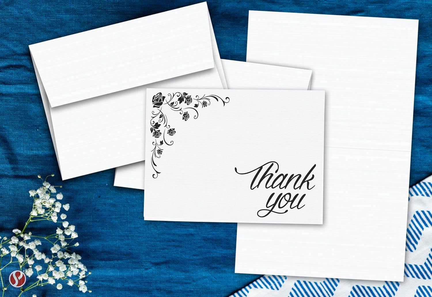 S Superfine Printing “Thank You” Greeting Cards and Envelopes on Crisp White Heavy Linen Card Stock, 25 Cards and 25 Envelopes Per Pack | 5” x 7” Inches When Folded