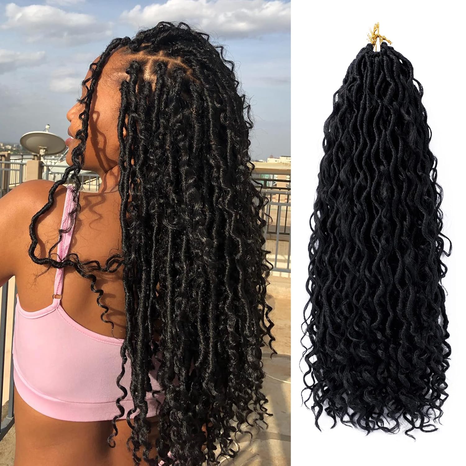Goddess Locs Crochet Hair 18 Inch 7 Packs Boho Faux Locs Crochet Hair for Black Women Pre Looped Crochet Locs with Curly Ends (#1B)