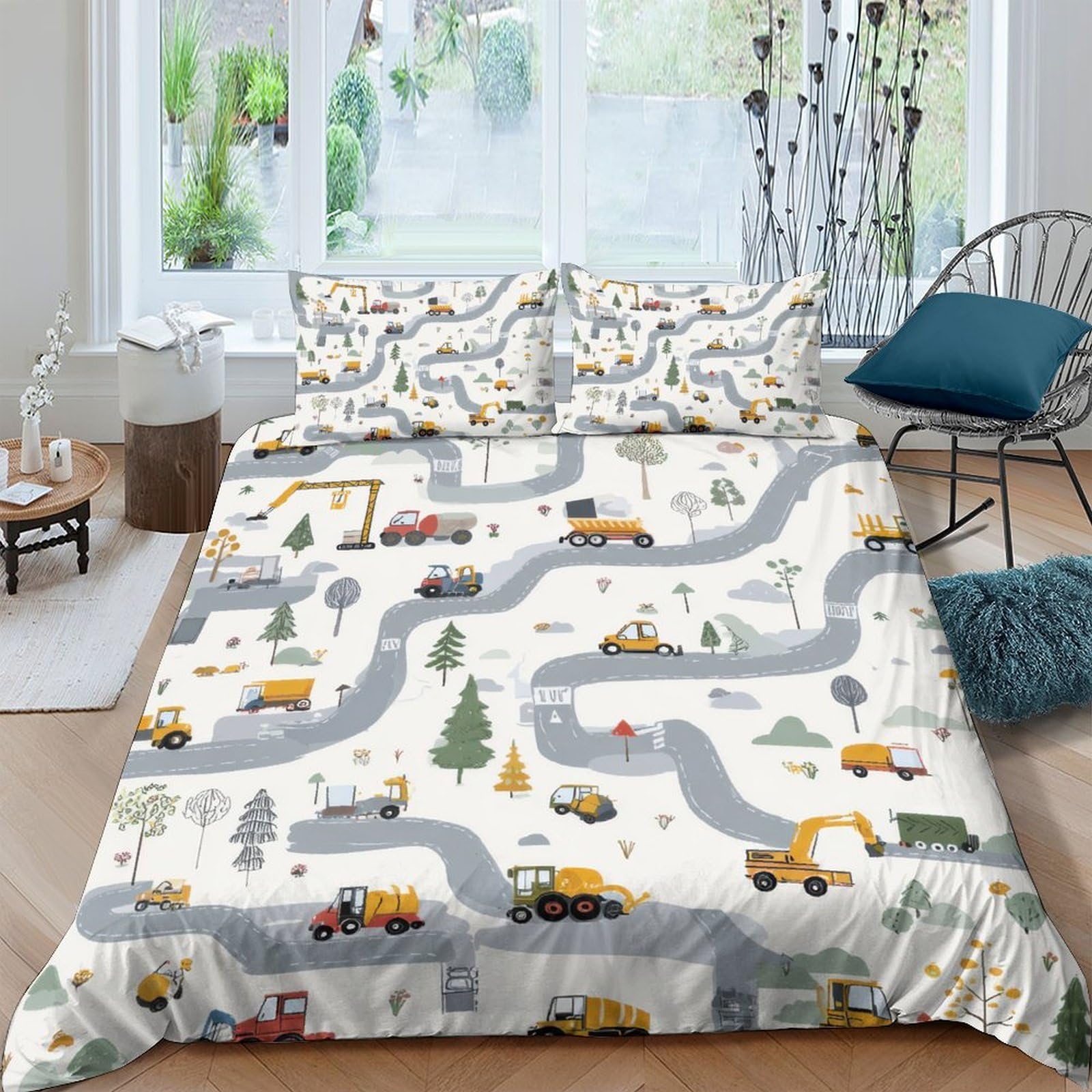 Ctjqhvkz Style-2 3D Printed Construction Vehicles Fitted Sheet Microfiber Soft Breathable Road Map Bed Cover For Bedroom Dorm Mattress Decor Single（135X200cm）