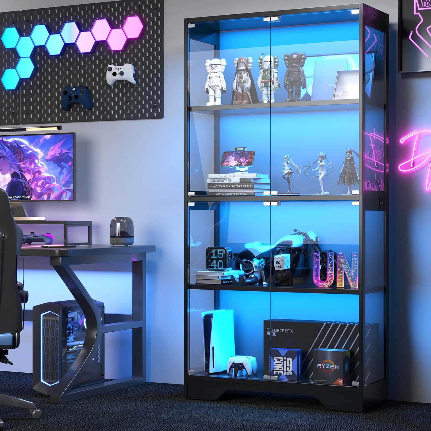 knoworld Display Cabinet with Glass Doors, 63 Inch Tall Curio Cabinet with Human Sensor RGB LED Lights, 4 Tier Glass Display Case with 15mm Thick Shelves for Action Figures
