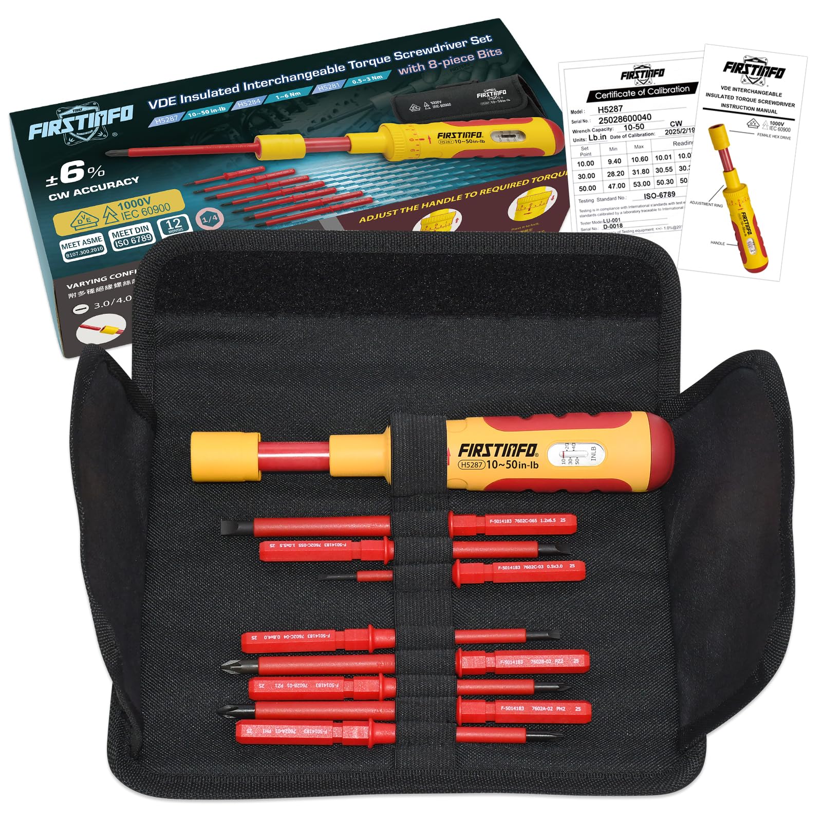FIRSTINFO H5287 VDE Interchangeable Insulated Torque Screwdriver Set 10~50 in-lbs, Including 8 Blade Bits