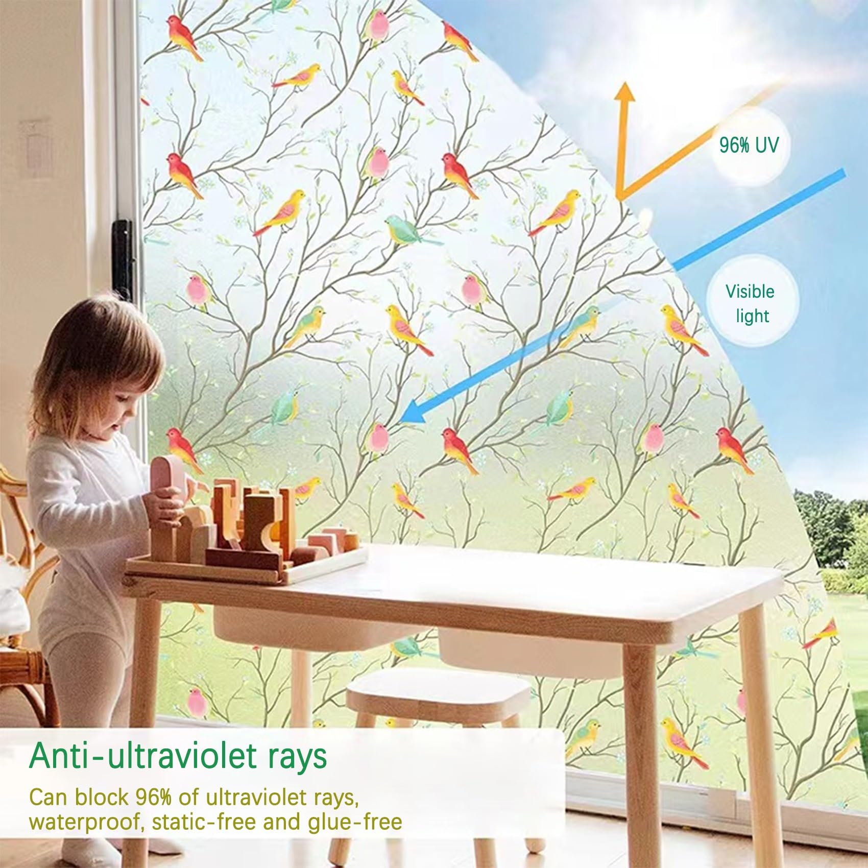 para Cristales Vinilo Adhesivo 110 x 325 cm, Ventana Fácilmente Decorativo Reutilizar, Adherencia Decorativos, Decorativo Película para Ventana, para Dormitorio Oficinas, Flores Y Pájaros