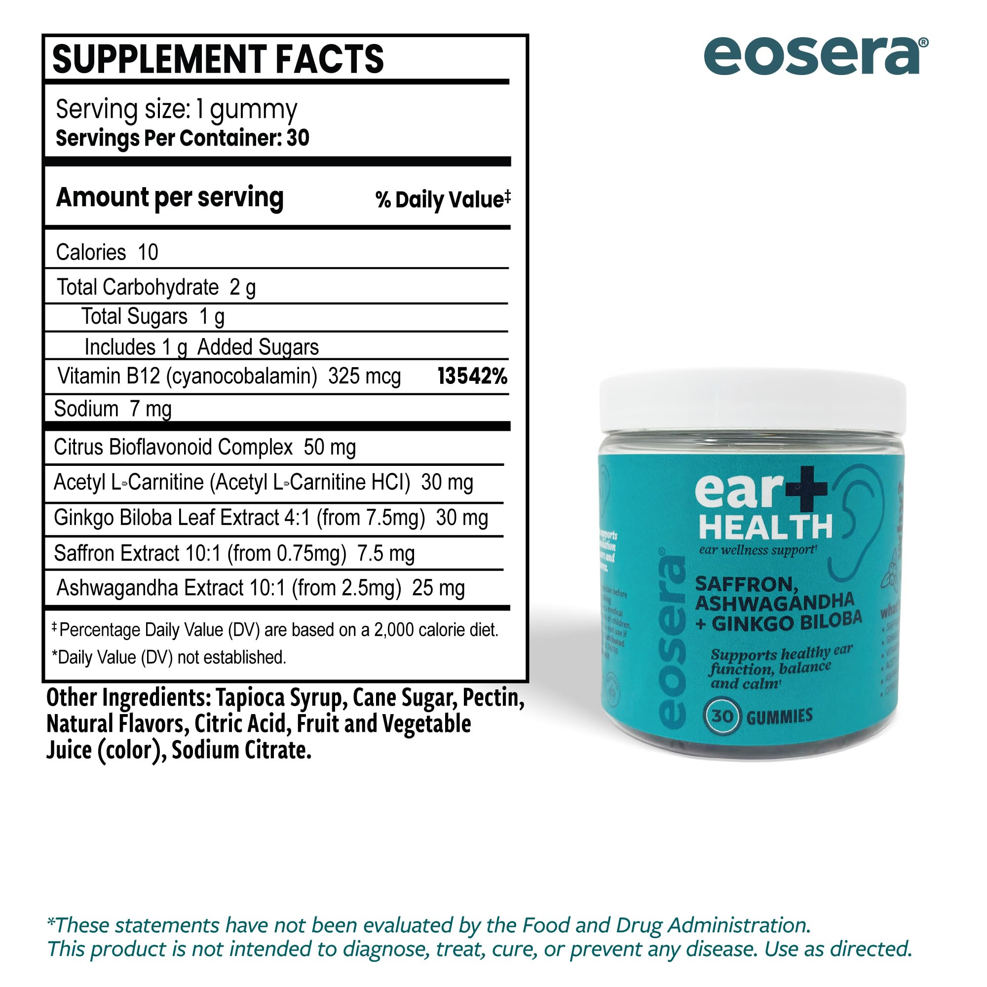 Eosera Ear+ Health Gummies - Ear Health Support Supplement with Saffron, Ginkgo Biloba, Ashwagandha, Vitamin B12 & Acetyl-L-Carnitine | BlackBerry Acai Flavor | Non-GMO | 30 Count — Amazon image 7
