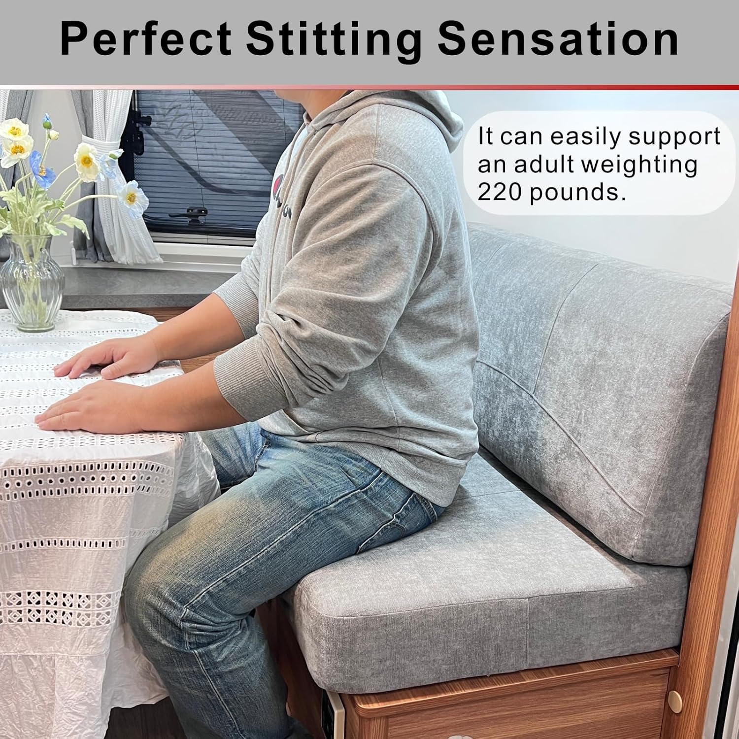 Dulepax RV Dinette Booth Cushions with Memory Foam，Replacement Camper Cushions，Dinette Seat for Camper Trailer，RV Dinette Seat Including 1 Backrest & 1 Bench,RV Sofa,RV Couch,Grey,42inch.