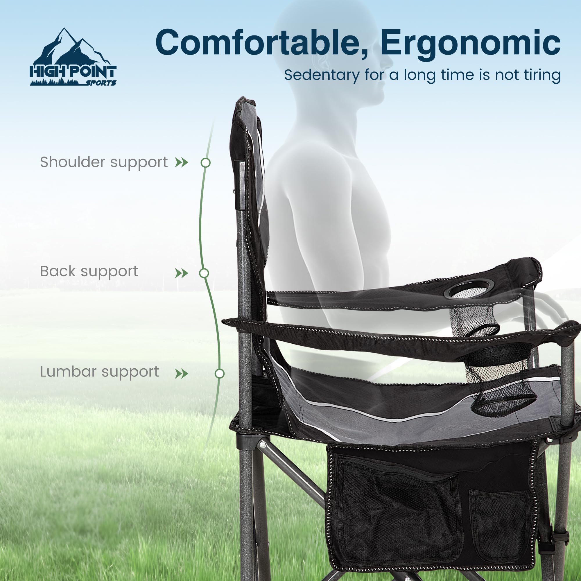 HIGH POINT SPORTS Silla de camping plegable, 160 kg, plegable, con reposabrazos, soporte para bebidas, marco de acero, portátil, color negro y gris, 2 unidades