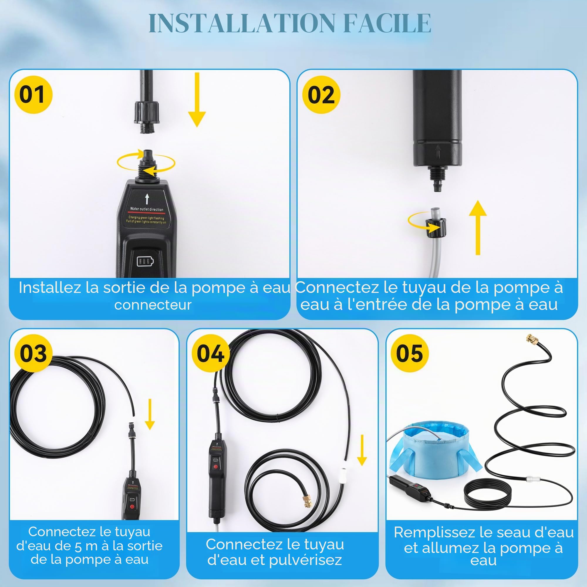 Système de brumisation portable avec pompe à eau, brumisateur d'extérieur avec sac d'eau de 15 L, brumisateur de refroidissement à 3 voies, système de brumisation de tuyau pour refroidissement en