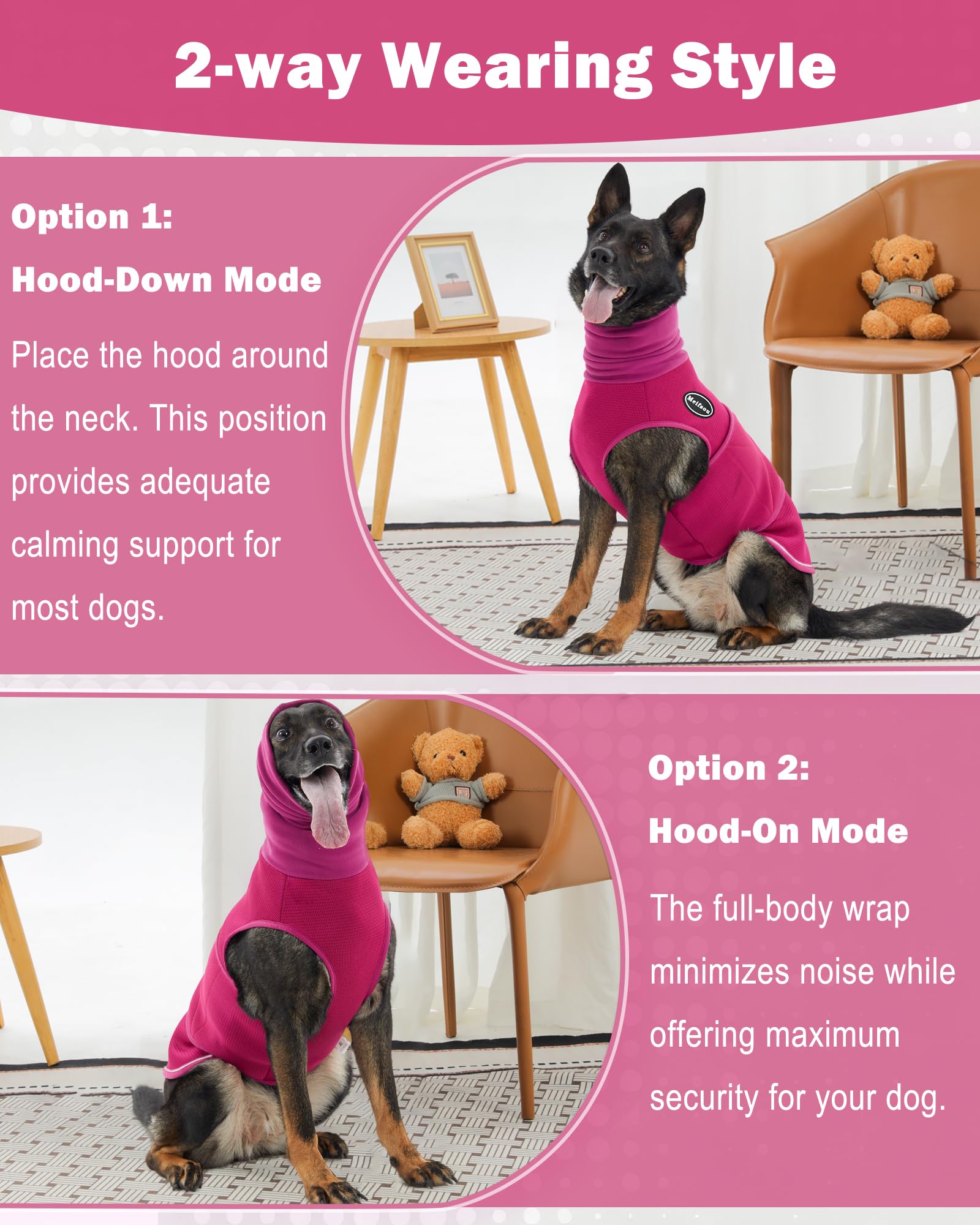 Meifsou Chaleco de ansiedad para perros con capucha, chaqueta de trueno respetuosa con la piel para perros, camisa calmante 2 en 1 con capucha para truenos, fuegos artificiales, separación, mantén a