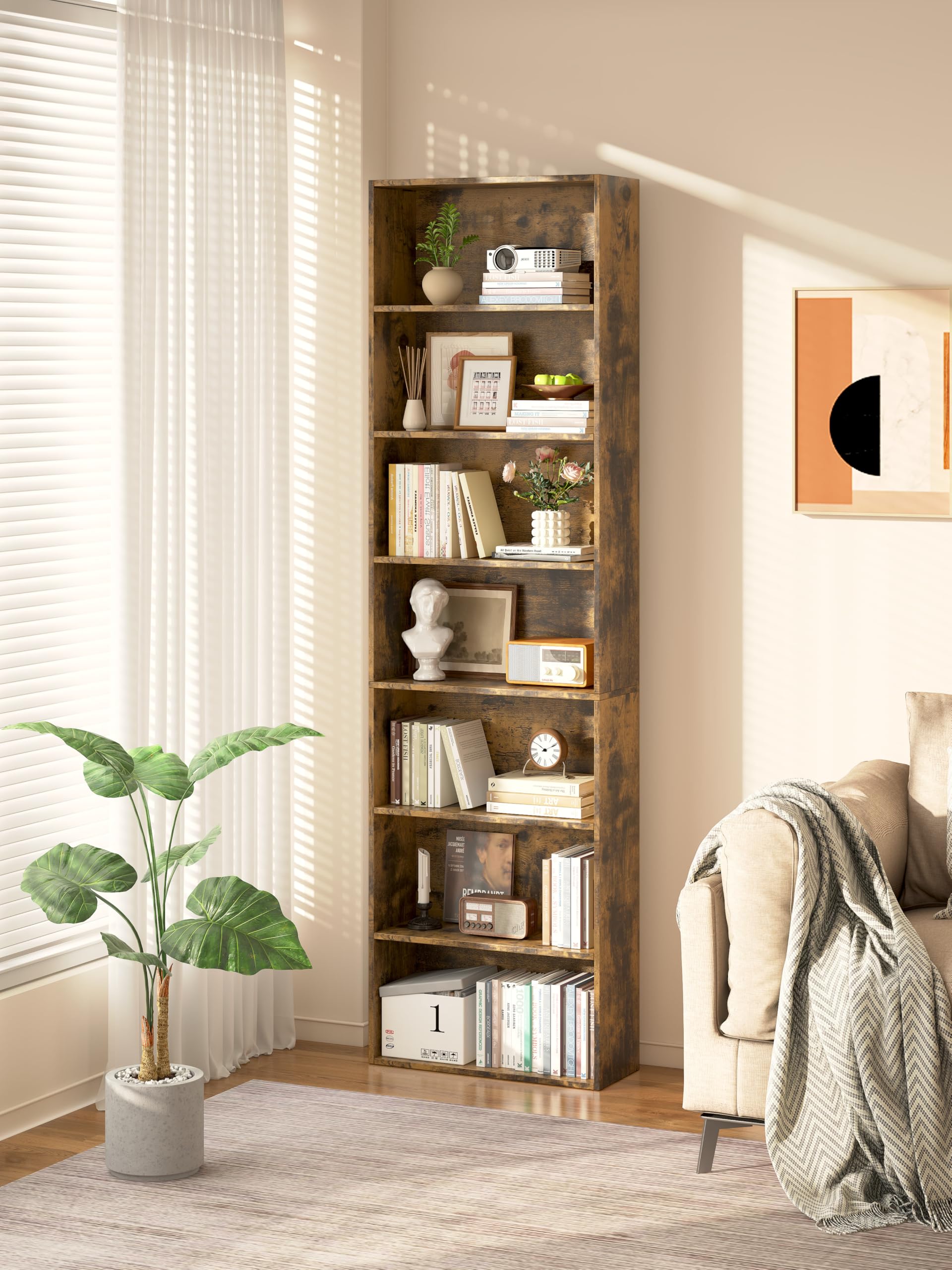 Garvis Standregal 7 Ebenen | 60 cm breit, 210 cm hoch | Offenes Bücherregal Weiß Schwarz Eiche | Büroregal Wohnzimmer (Rustikal)