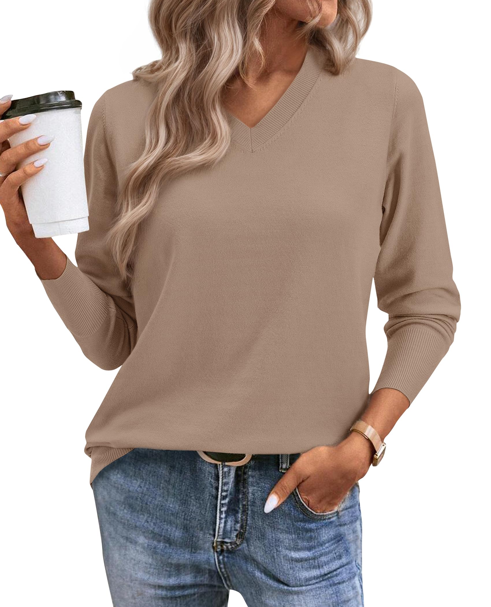 Womens Spring Sweaters 2026 Casual Long Sleeve Pullover V Neck Lightweight Sweatshirts Cute Blouse Tops