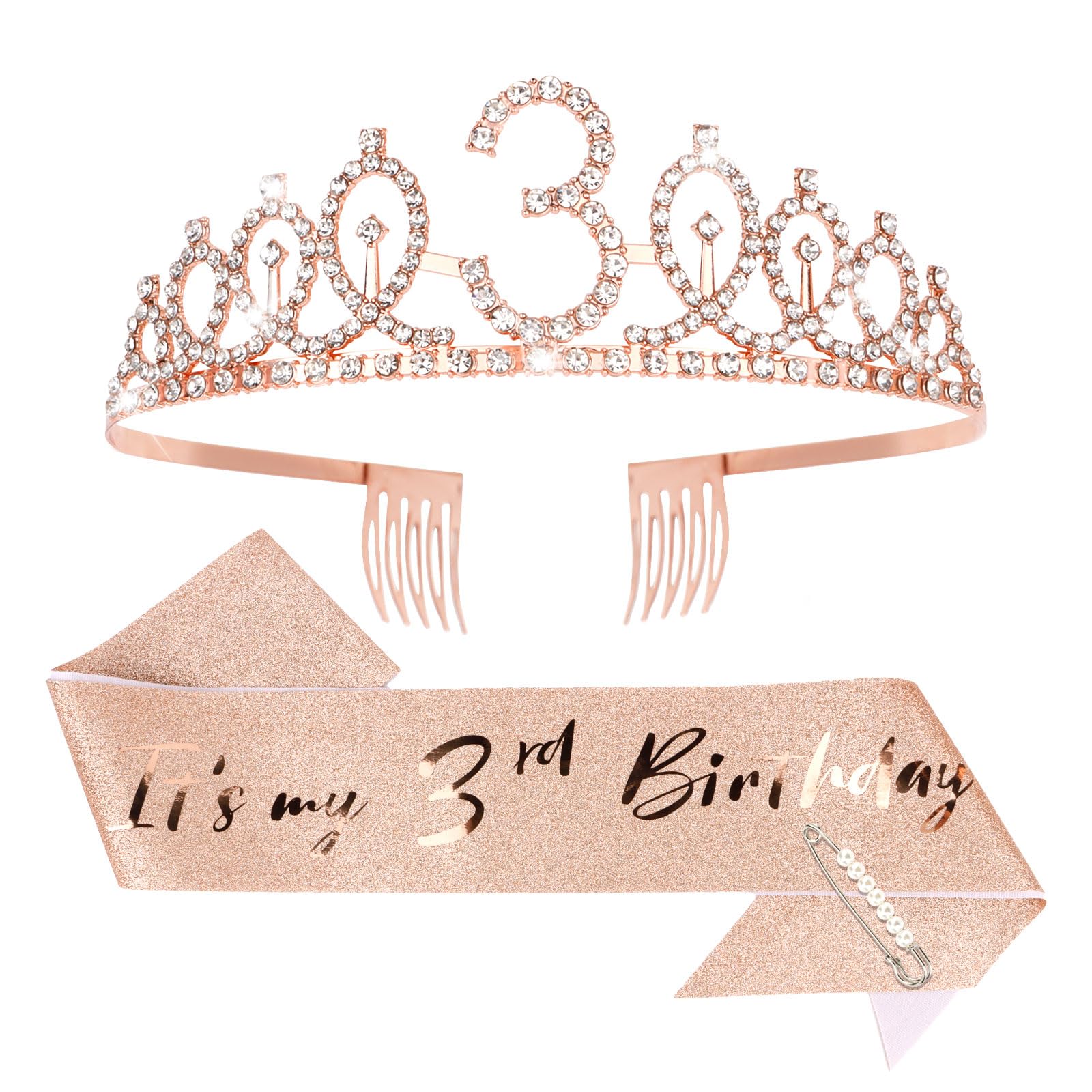 CIEHER 3th Birthday Party Supplies: Crown, Sash, Pearl Pin Set - Decorations for Little Girls' Special Day
