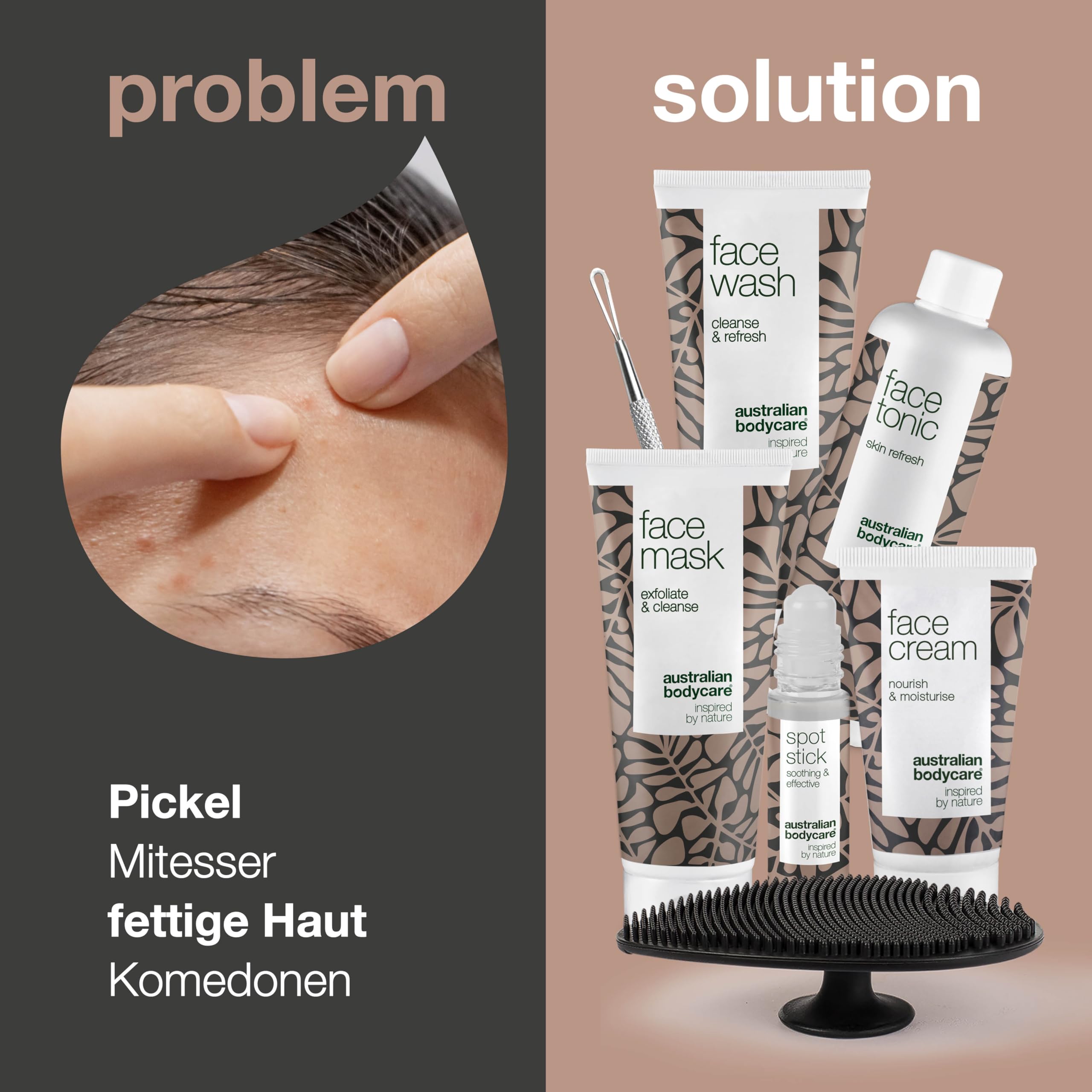 Ein 7-teiliges Set für die tägliche Pflege bei verstopften Poren und unreiner Haut | Gesichtsreinigung, Skin Tonic, Gesichtscreme, Pickel Stick, Gesichtsmaske, Mitesserentferner und Gesichtsbürste