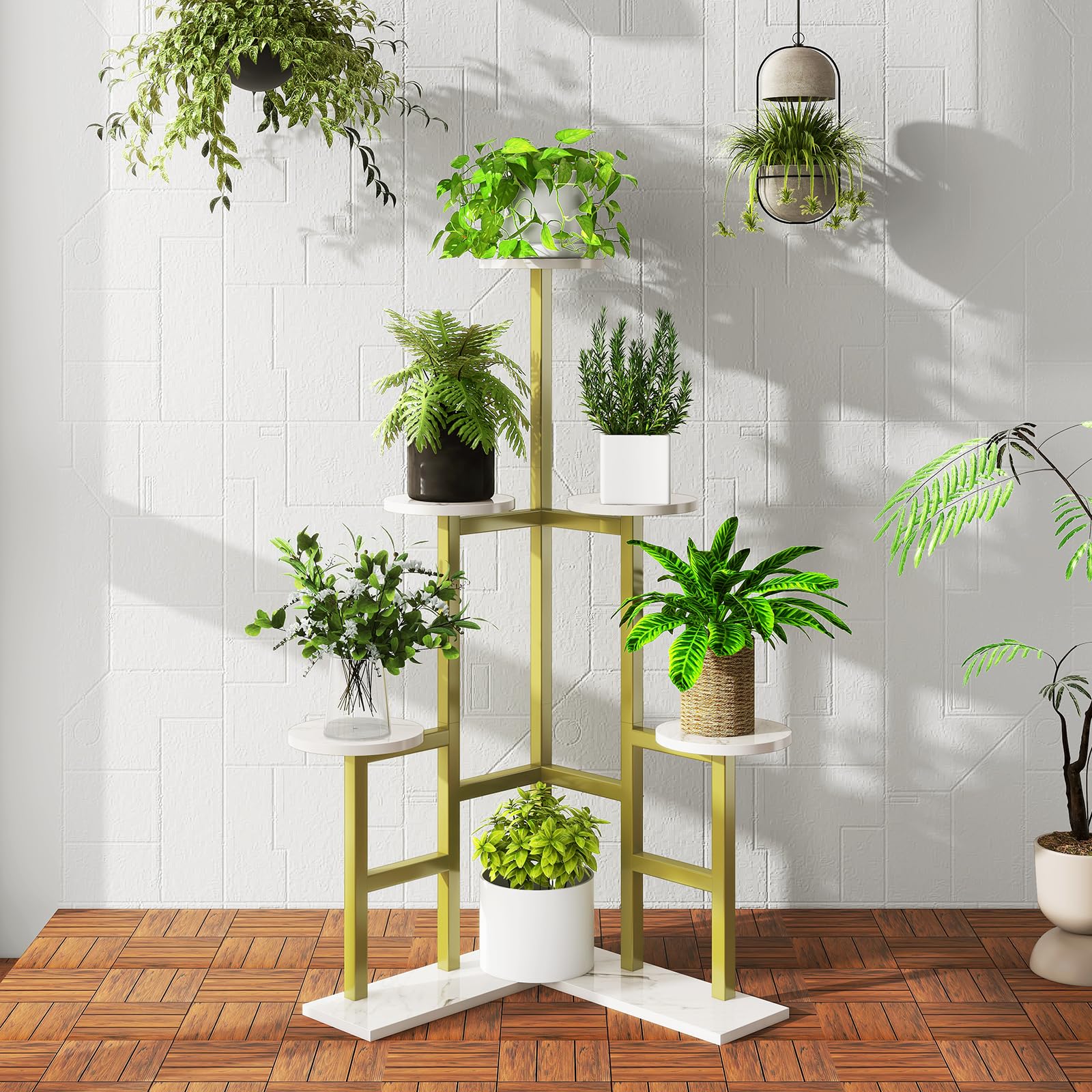 IBUYKE 6 Niveles Estanteria para Plantas de Madera, Soporte Plantas Interior de 108cm de Alto para Múltiples Plantas, Soporte Macetas para Plantas para Jardín Interior Balcón, Dorado TMJ072G