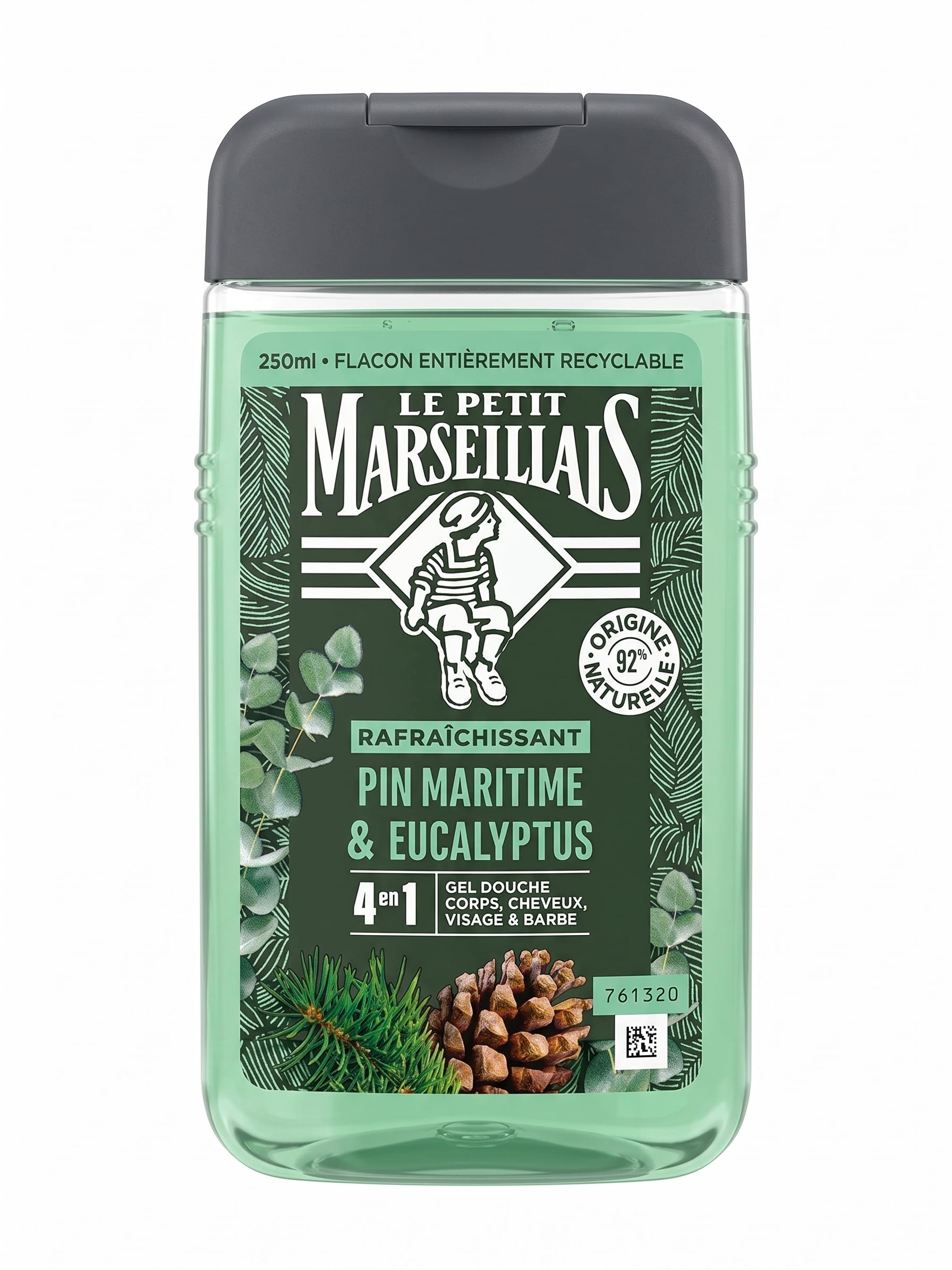 Le Petit Marseillais - Shower Gel for Men, Maritime Pine & Eucalyptus (250ml Bottle), 4-in-1 Formula for Body, Hair, Face & Beard, 92% Ingredients of Natural Origin and pH Neutral