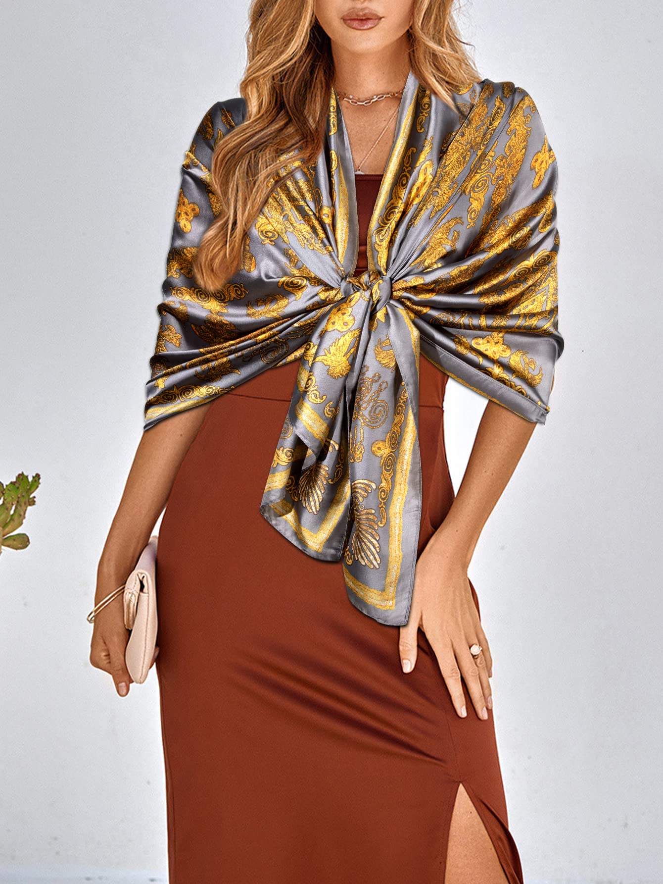 Bufanda larga con sensación de seda, bufanda grande floral de moda, chal de satén para mujer, con embalaje de regalo, Estampado de oro gris 3