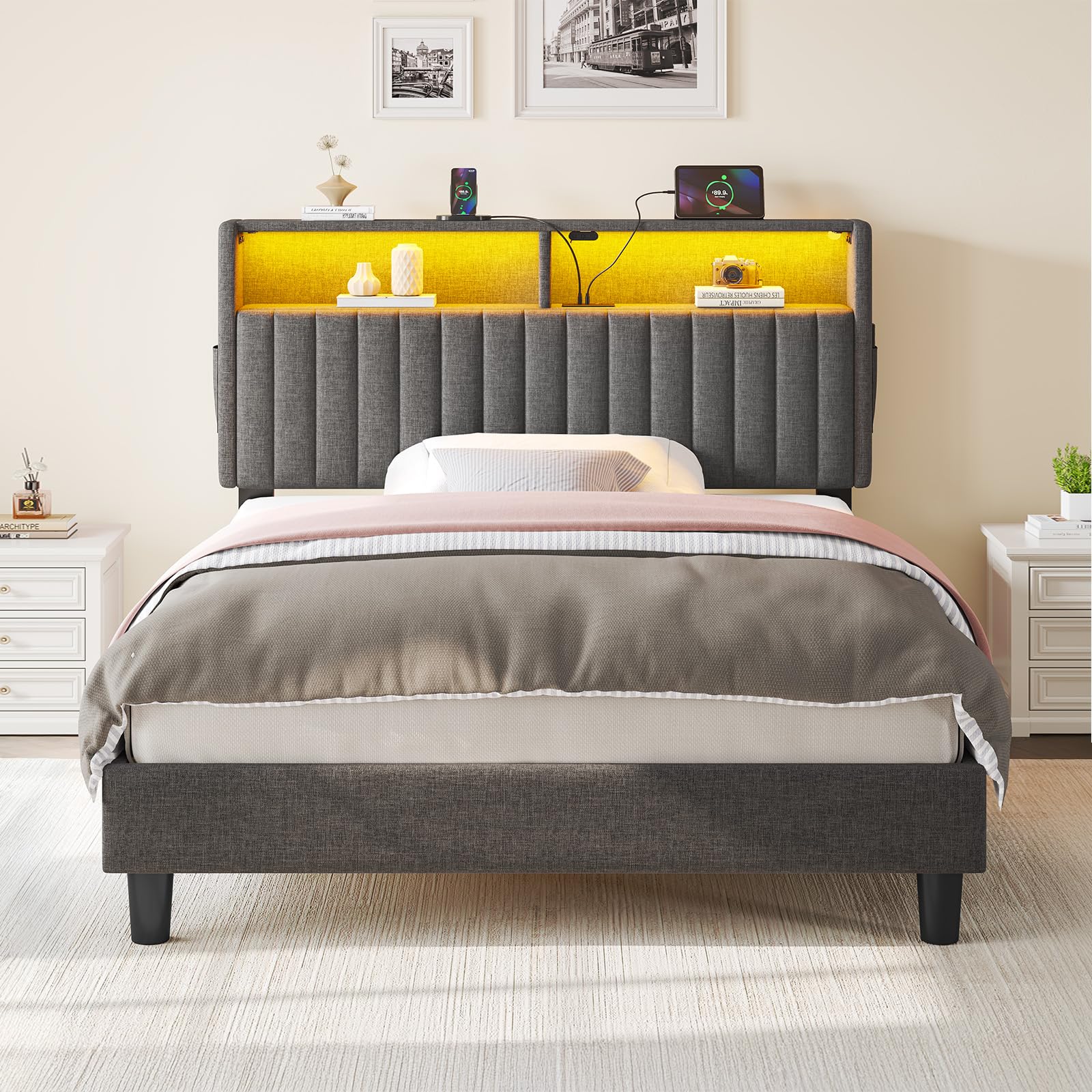 Seventable Bett 90x200 mit Ladestation, Metallbett mit Gepolstertem Kopfteil & LED, Bettgestell mit Zweischichtige Ablage, perfekt für Kinderzimmer, Jugendzimmer (grau)