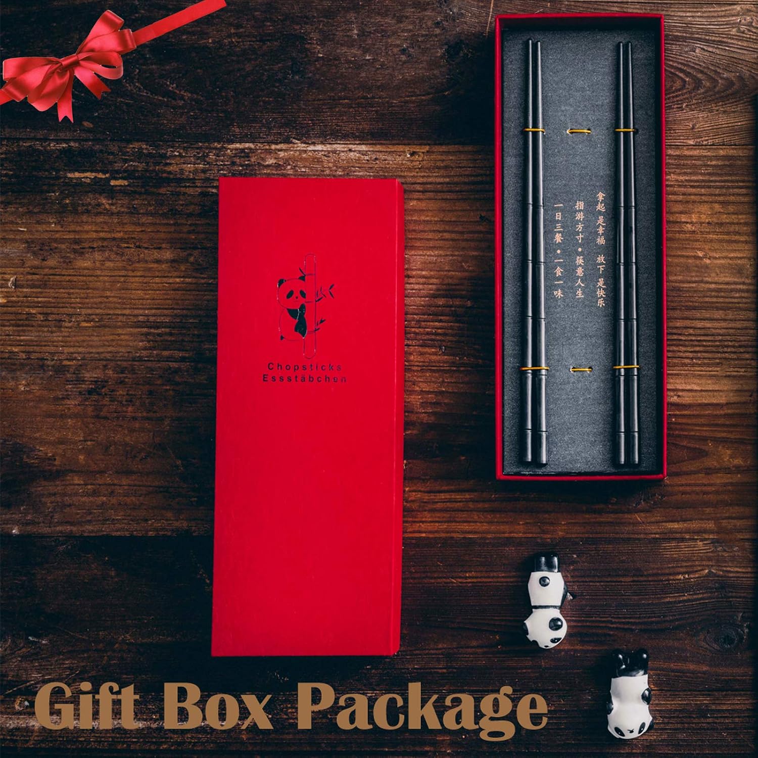 HauSun 2 Pairs Chopsticks and Chopstick Rest Gift Set- Dishwasher Safe Reusable Fiber Glass Chopsticks + Porcelain Cute Panda Chopstick Holder, Non-slip Chinese Japanese Style, Black