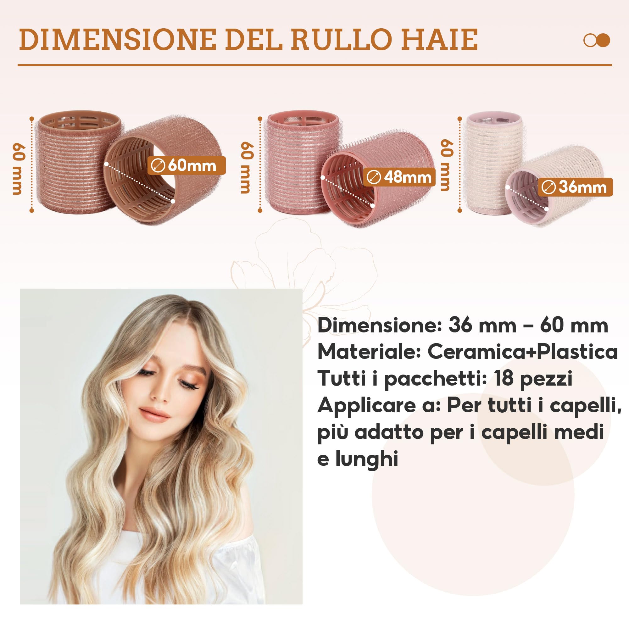 Bigodini Termici Ceramici,18 Pezzi Heatless Hair Curler Rollers,Bigodini Grandi per Volume,Ideale per le Donne dai Capelli Lunghi e Corti,3 Dimensioni(60,48,36 mm,Marrone,Rosa,Bianco)