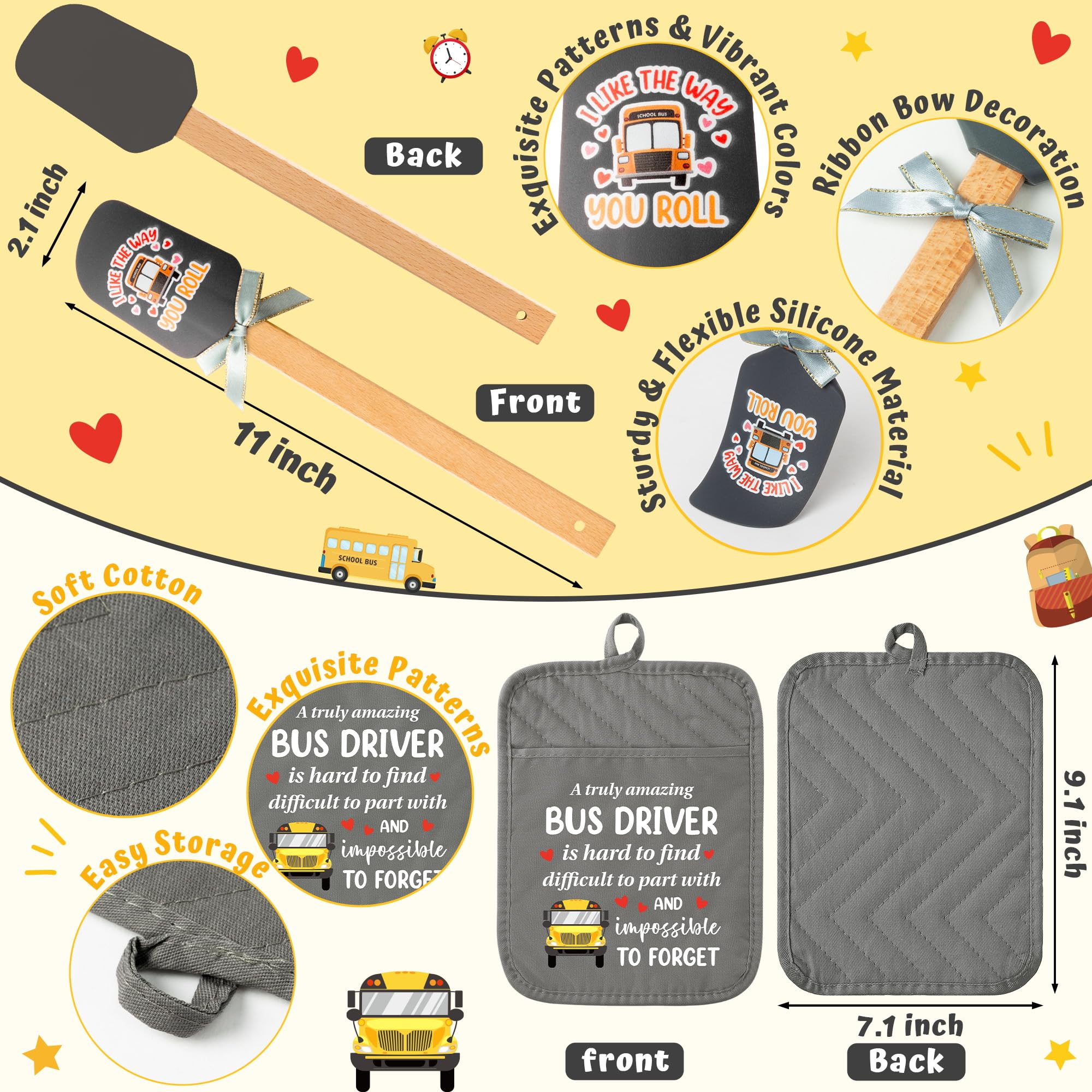 R HORSE 3 Pcs School Bus Driver Appreciation Gifts Funny Pot Holder with Pocket Silicone Spatula Thank You Card Heat Resistant Potholder Oven Mitts Teacher’s Day Retirement Gift for Women Men Driver