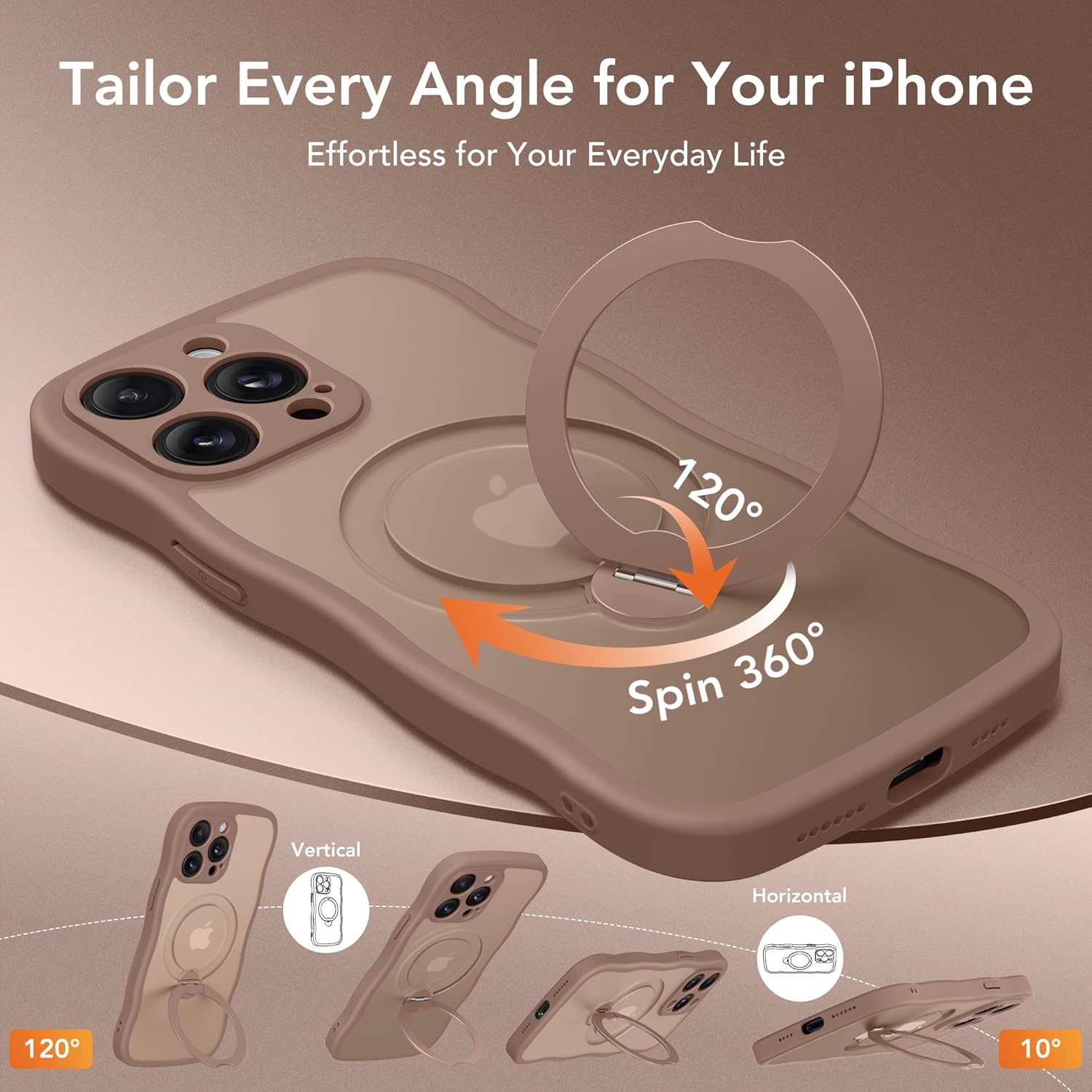 GolbinBox for iPhone 15 Pro Max Case,[Compatible with Magsafe][360°Magnetic Stand][Cute Wave Edge][18ft Military-Grade Protection] Translucent Matte Women Phone Cover for iPhone 15 Promax,Brown - Image 4