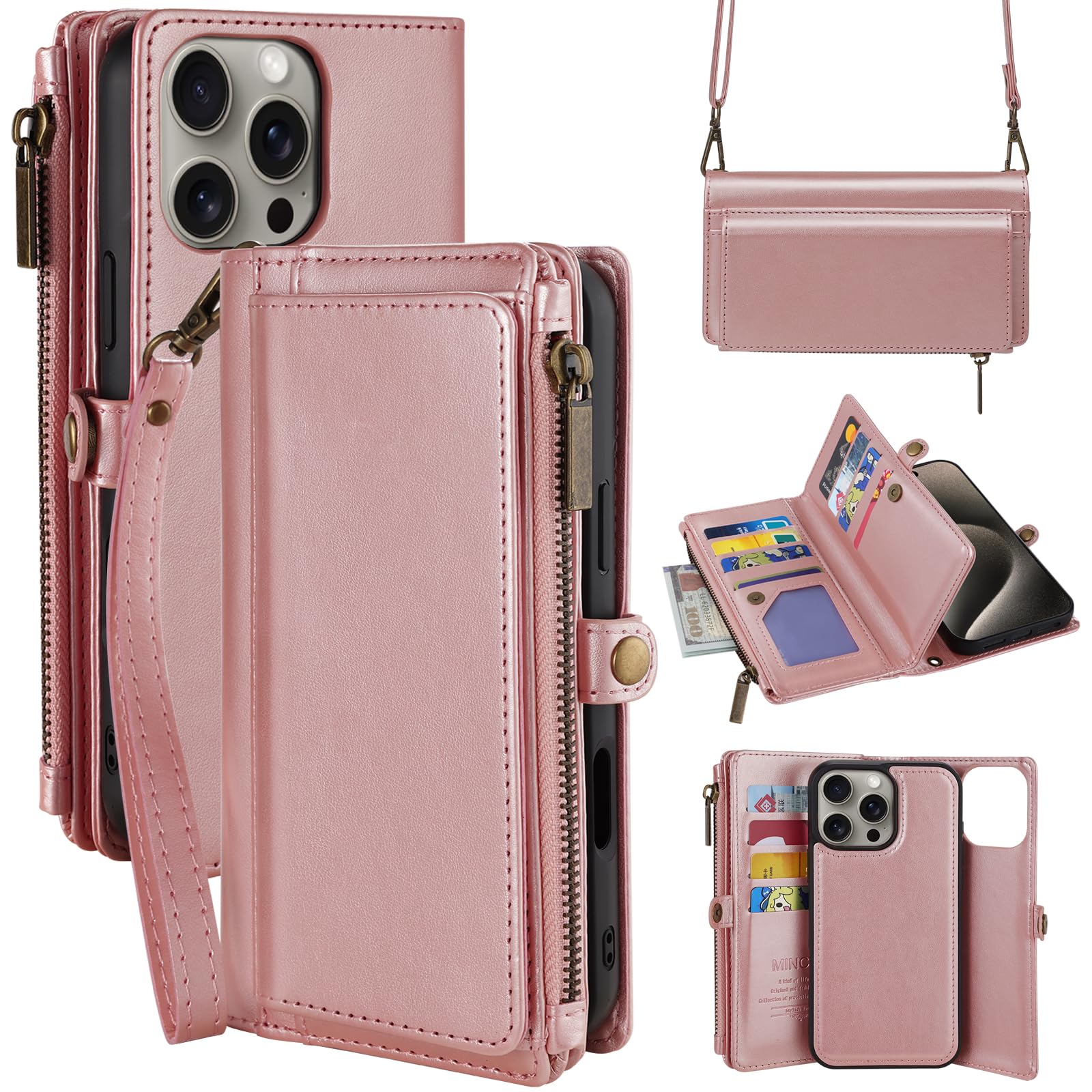 MInCYB Compatible with iPhone 16 Pro Detachable Wallet Case – Drop Tested PU Leather Folio Cover with Crossbody Strap, RFID Blocking Card Holder, and