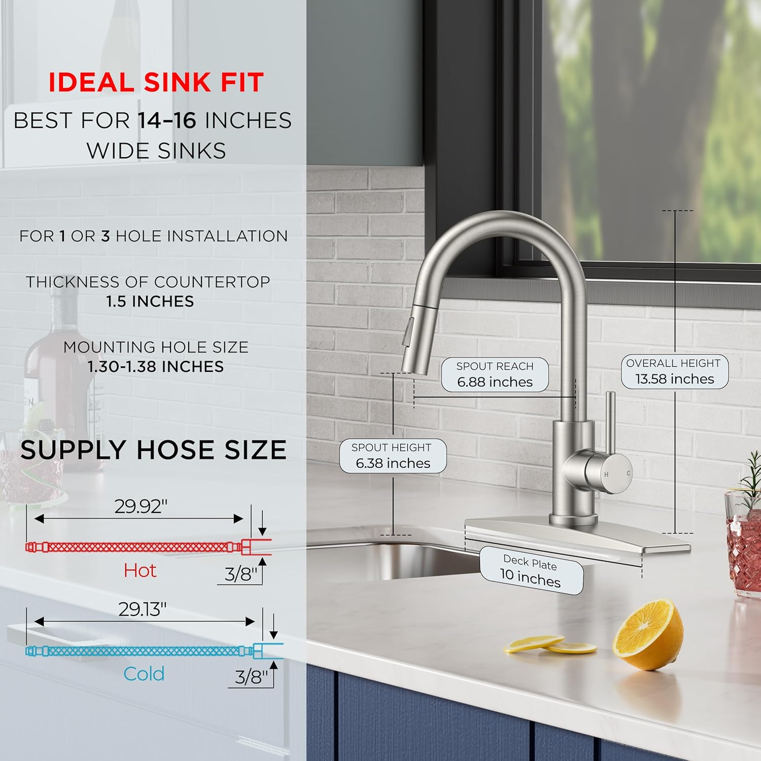 FORIOUS Bar Sink Faucet for Kitchen Sink, Modern Single Handle Kitchen Faucet with Pull Down Sprayer, Brushed Nickel Stainless Steel High Arc with Deck Plate for 1 or 3 Hole, Suitable for Bathroom RV