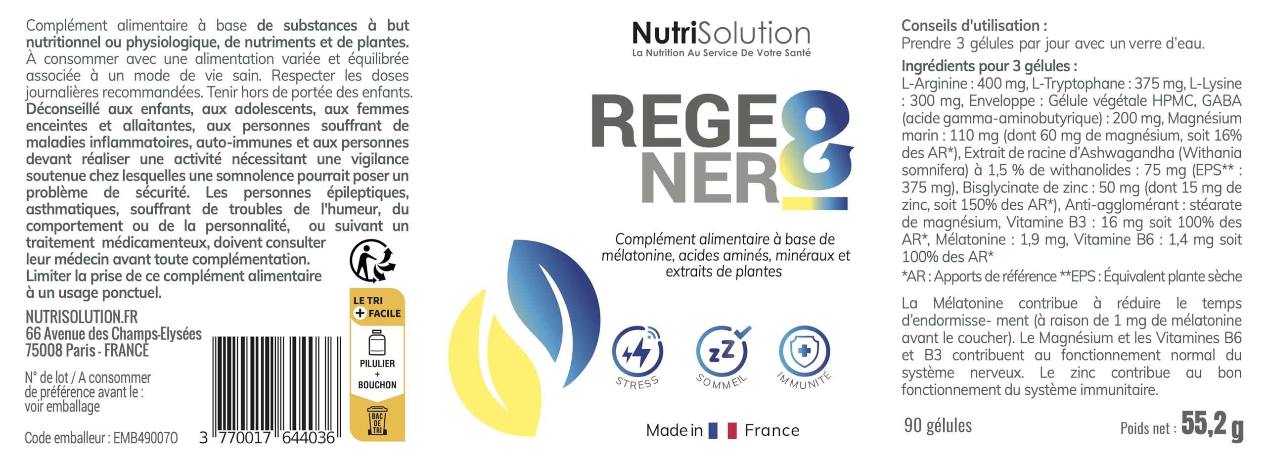 Nutrisolution - Regener8 - Complément Alimentaire Anti-Âge pour Lutter contre le Stress et Favoriser Sommeil & Immunité - Mélatonine, Acides Aminés, Extraits de Plantes - Made in France - 90 gélules