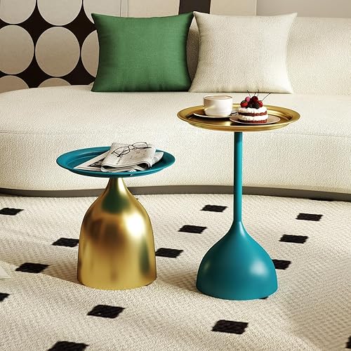 Miniatura 9 de Benkyo Mesas anidables negras y doradas, juego de 2 mesas auxiliares redondas, mesa auxiliar de metal, mesa de sofá moderna de círculo pequeño para