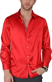 Men's Satin Luxury Dress Shirt Slim Fit Silk Casual Dance...