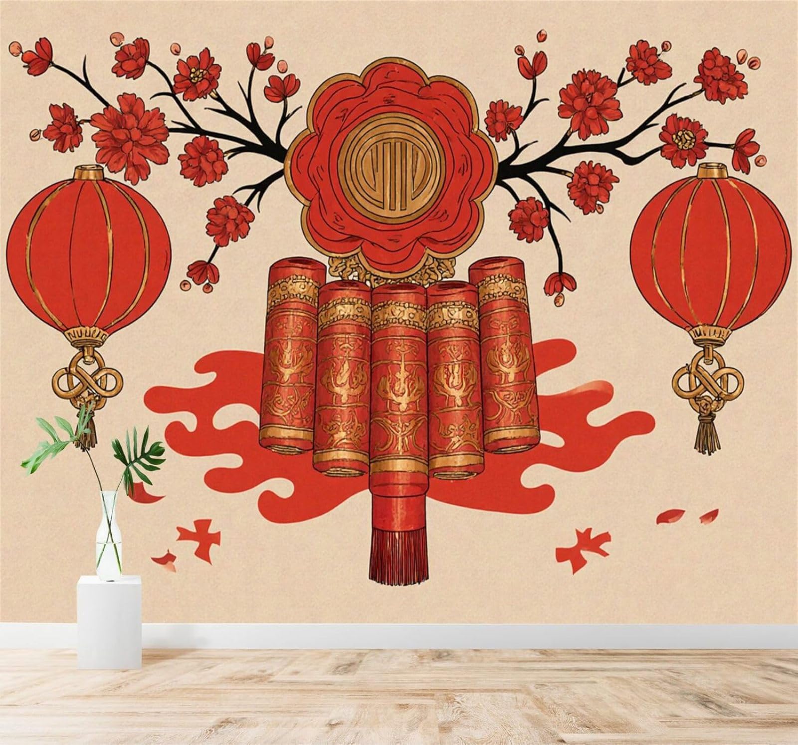XLMING Simple Beautiful Red Plum Blossoms Red Lanterns 3D Wallpaper Premium Textured Silk Study Dining Living Room Bedroom Sofa TV Wall Easy Install-350cm×256cm