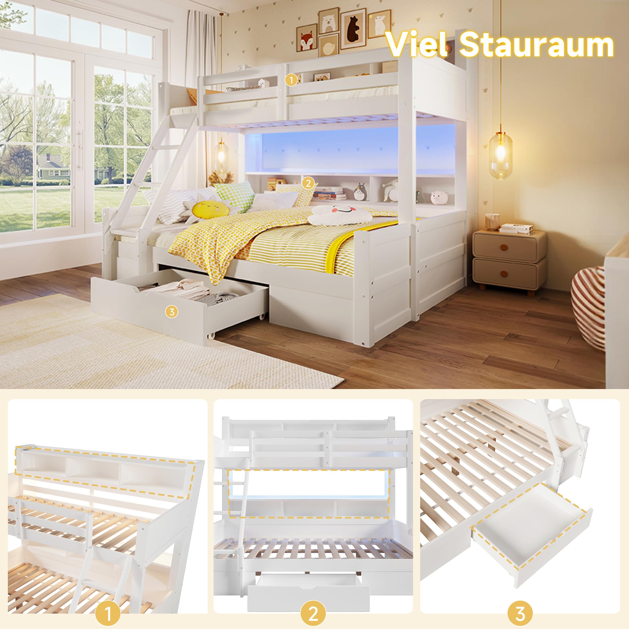 Litera de 90(140) x200 cm con Luz LED y Compartimentos Abiertos, Cama Litera Matrimonio con Cajón y Escalera, Cama Infantil Literas Infantiles con Barandilla Anticaída, Sin Colchón, Blanco