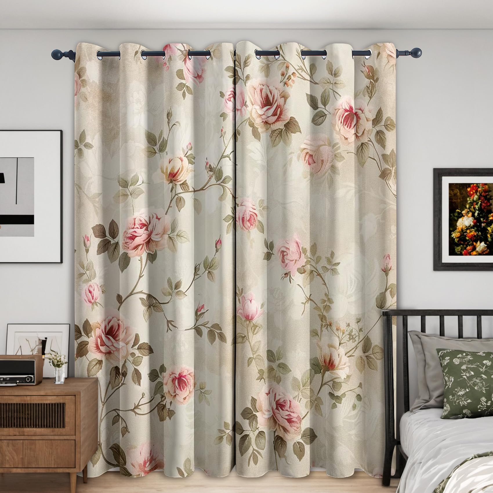 Rideaux Occultant Fleurs Rustique Vintage, Rideau Isolant Thermique pour Salon Chambre, Rideaux Motif Floral Rose, Lot de 2 Rideaux Opaque à Oeillets 140x240cm LxH