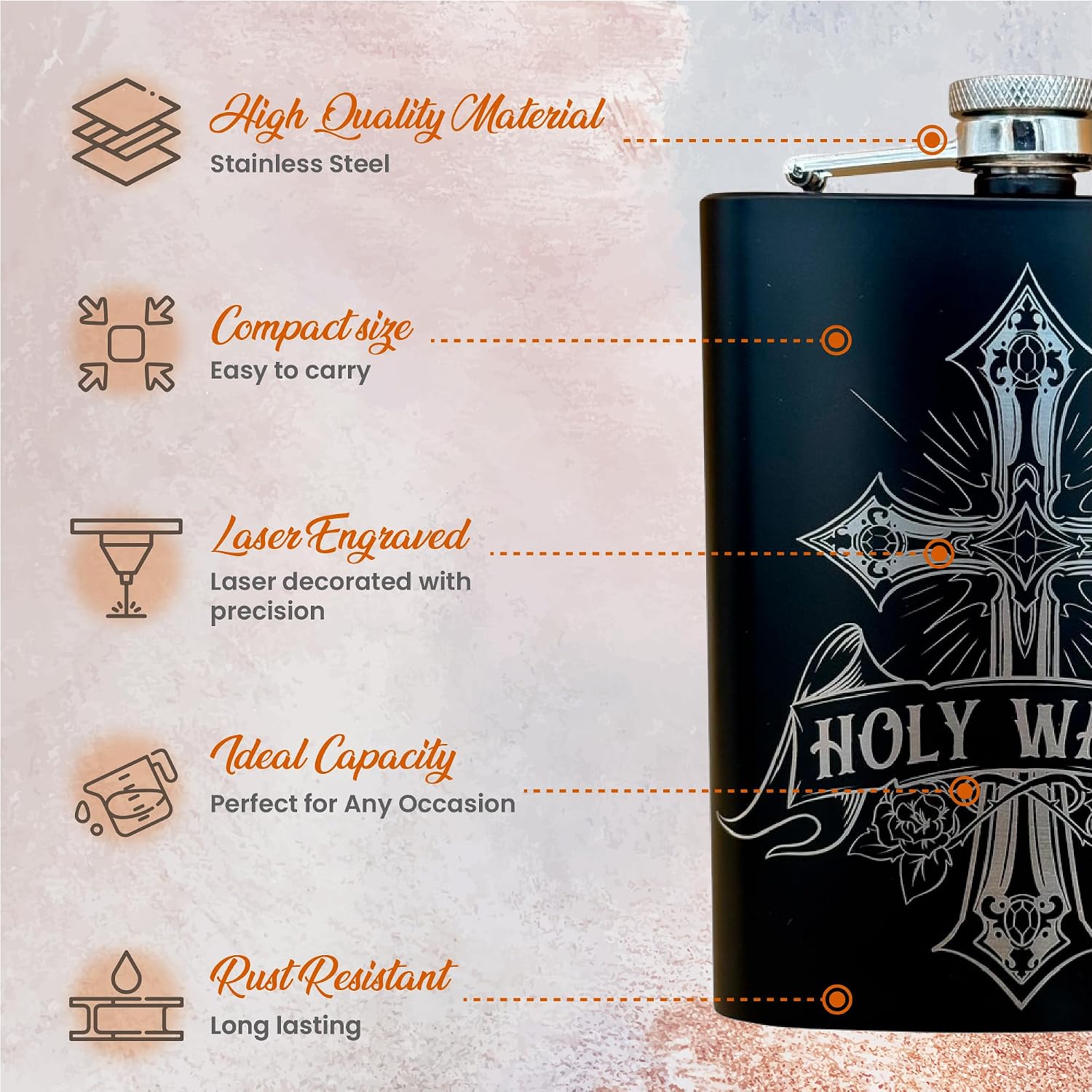 Holy Water Flask - 8 oz Stainless Steel Hip Flask for Men, Whiskey Flask, Small Flasks for Liquor, Drinking Flasks, Two 1 oz Mini Shot Glasses