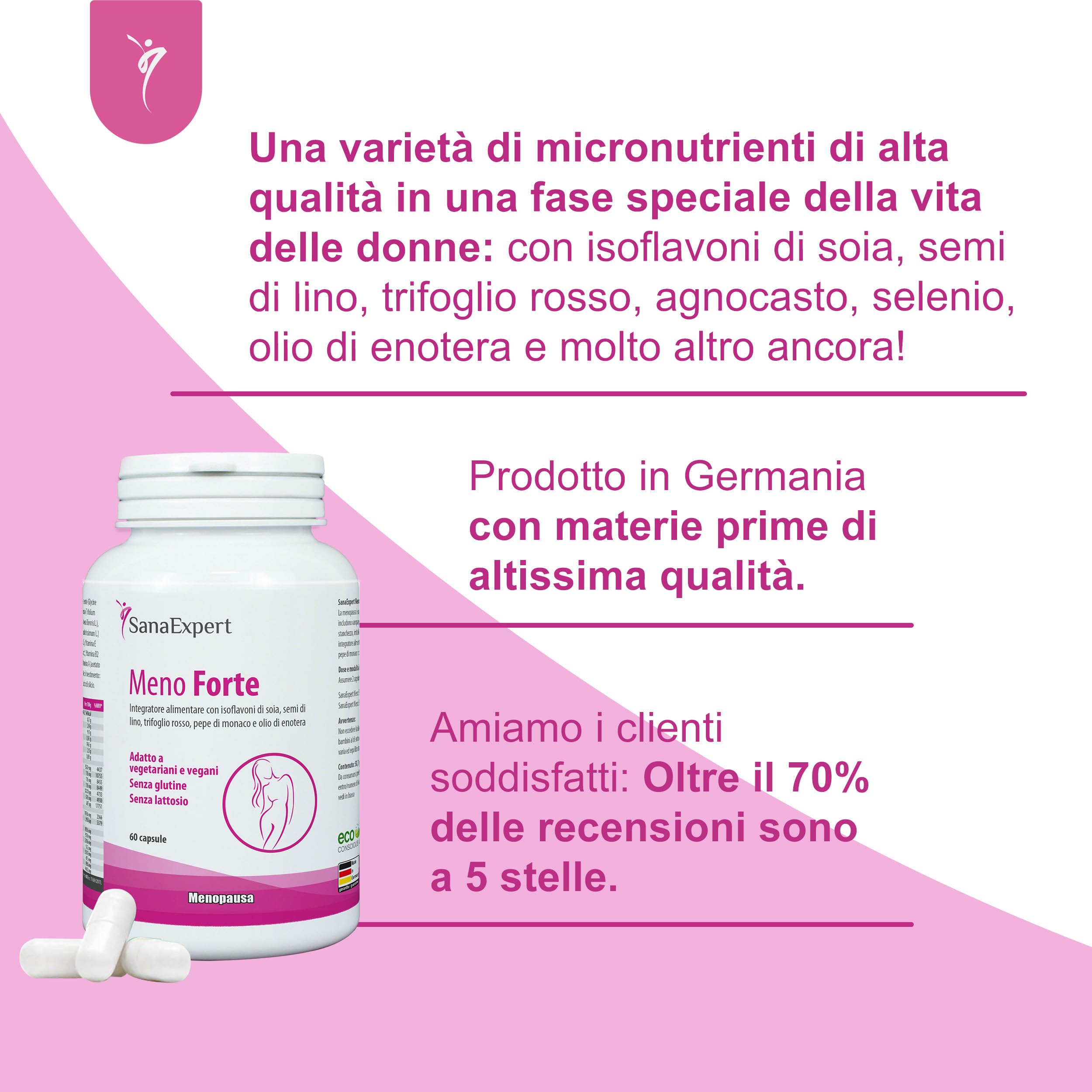SanaExpert Meno Forte - Integratore Naturale per Alleviare i Sintomi della Menopausa - Con Isoflavoni di Soia, Calcio, Selenio e Vitamine - 60 Capsule - Prodotto in Germania