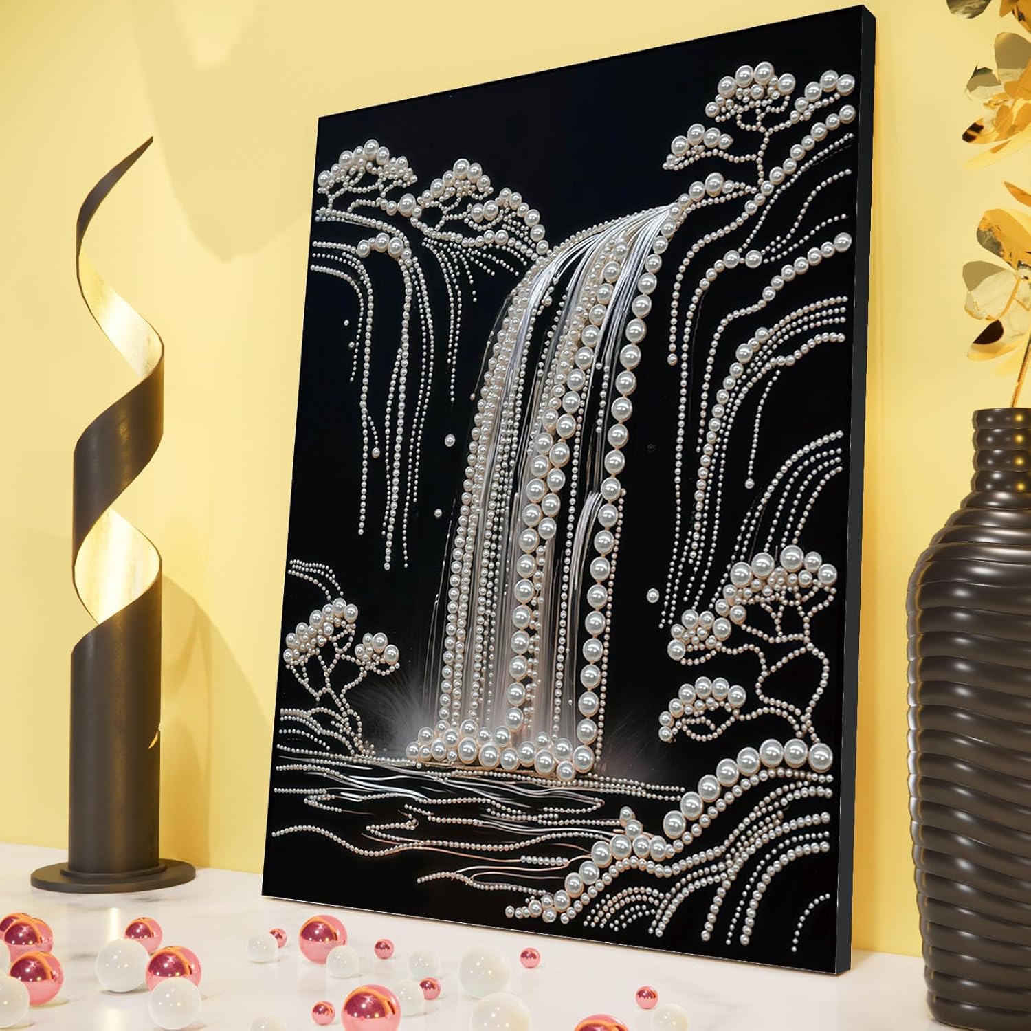 C'eitura Waterfall Pearl Diamond Art Painting Kit for Adults - 5D Shimmering Mountain Landscape Wall Art with Frame 11.8x15.75in, DIY Nature Scenery Home Decor, Calming Gift for Women Beginners
