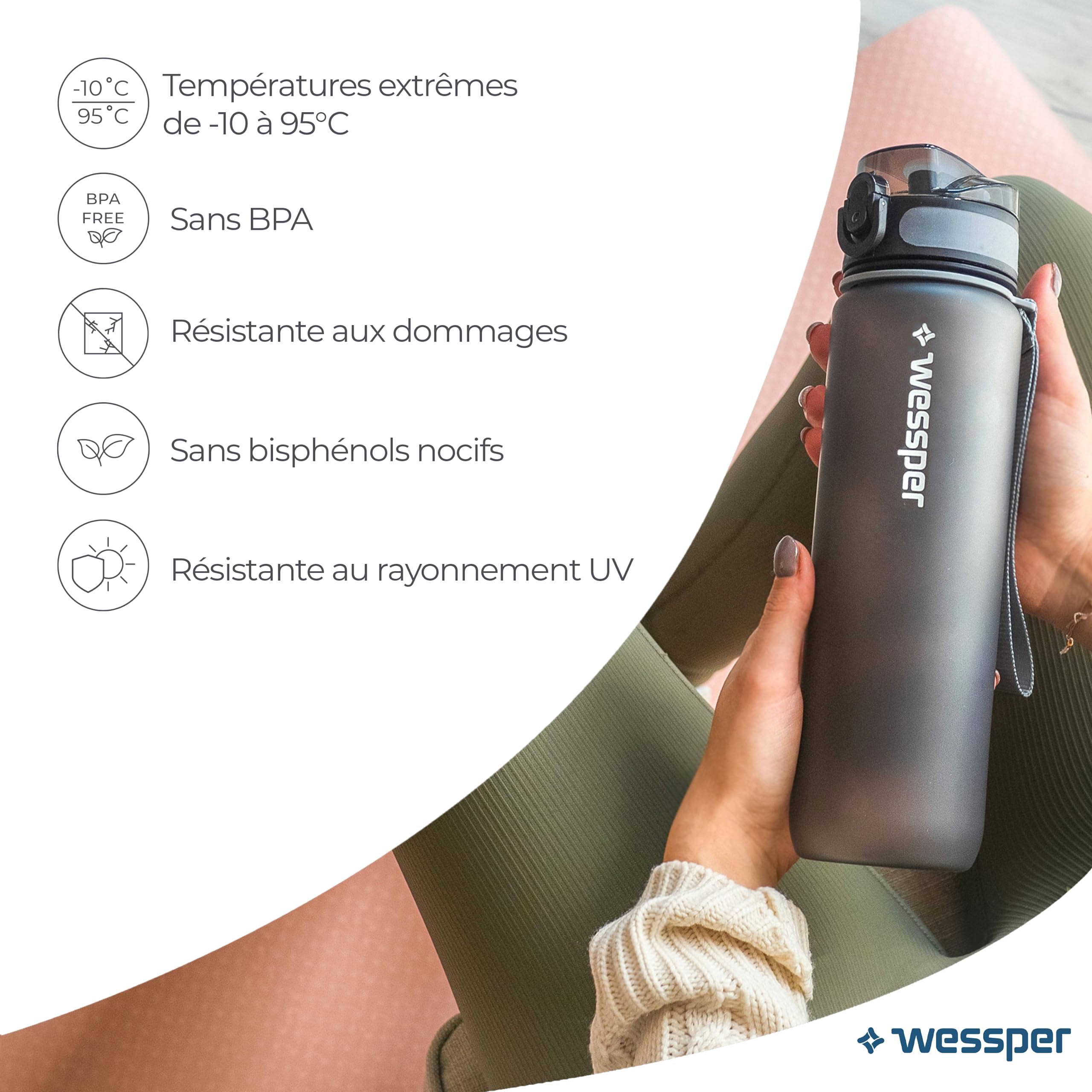 Wessper Active Max Tritan Butelka na wodę o pojemności 1 l, z oznaczeniem czasu, nie zawiera BPA, szczelna, 1 l, na rower, do szkoły, dla dzieci, na wędrówki, sport, szara